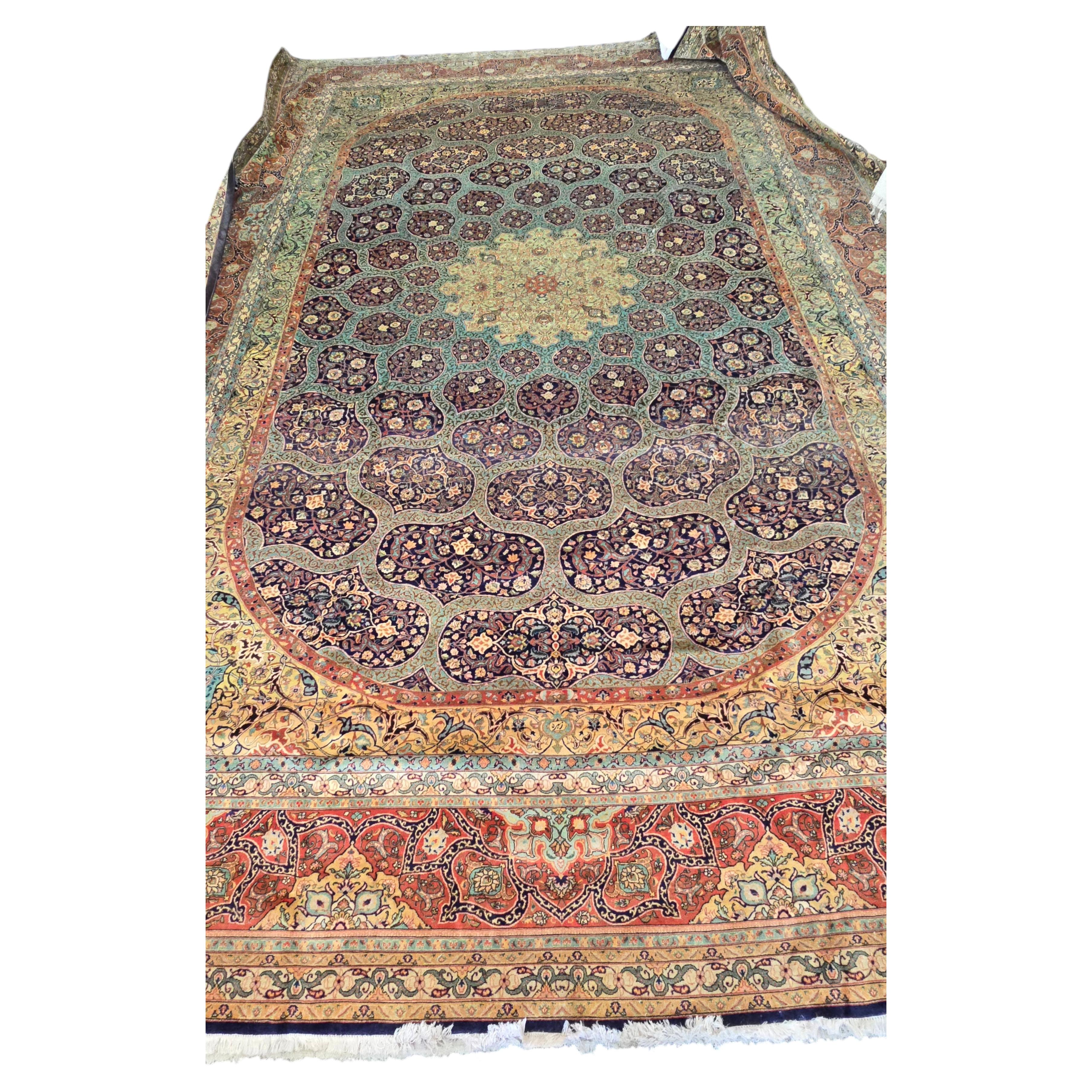Vintage Persian Tabriz Rug Finely woven Palace sized 12x18 For Sale