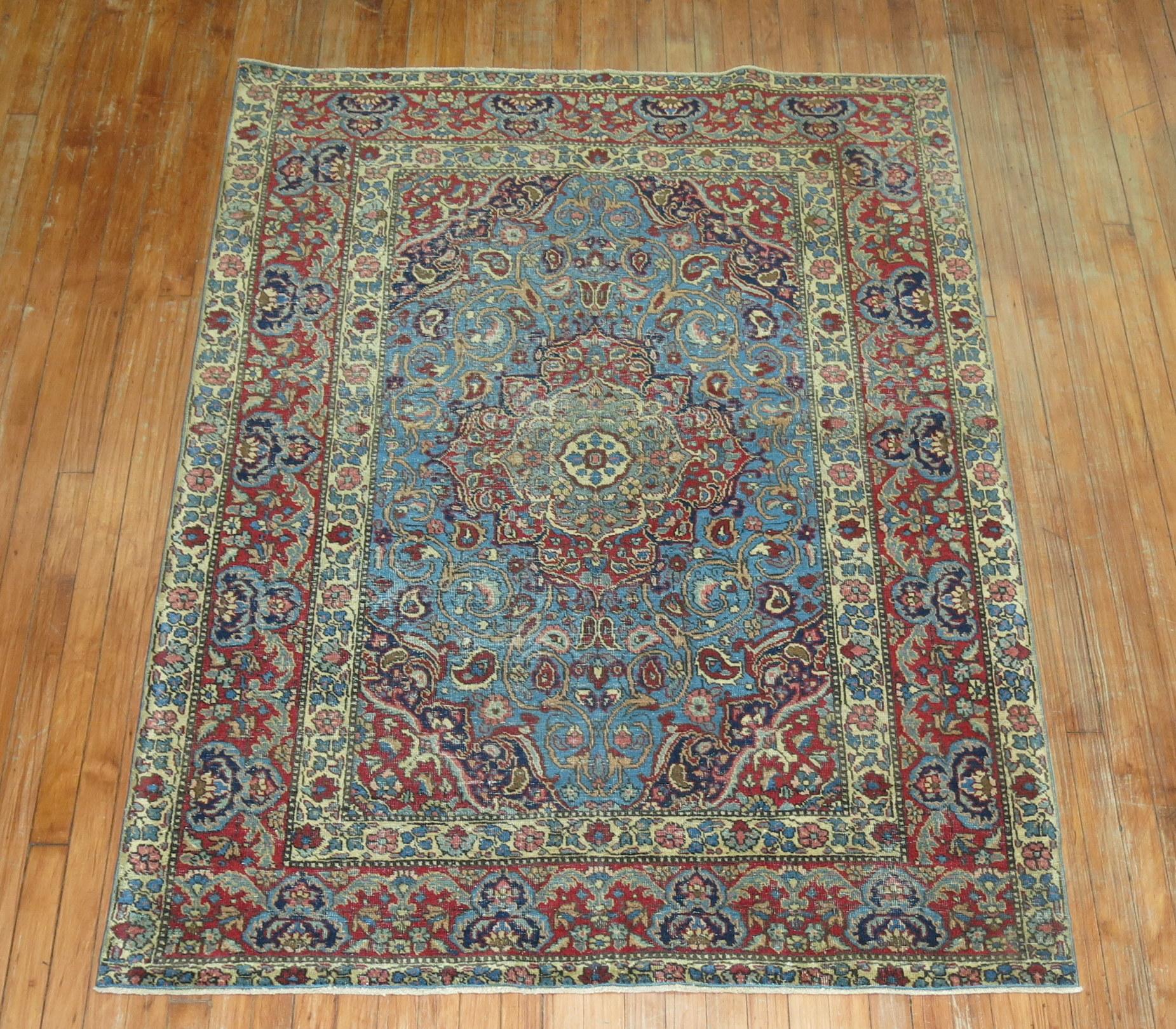 Vintage Persian formal Tabriz scatter rug in sky blue and red

4'7'' x 6'1''