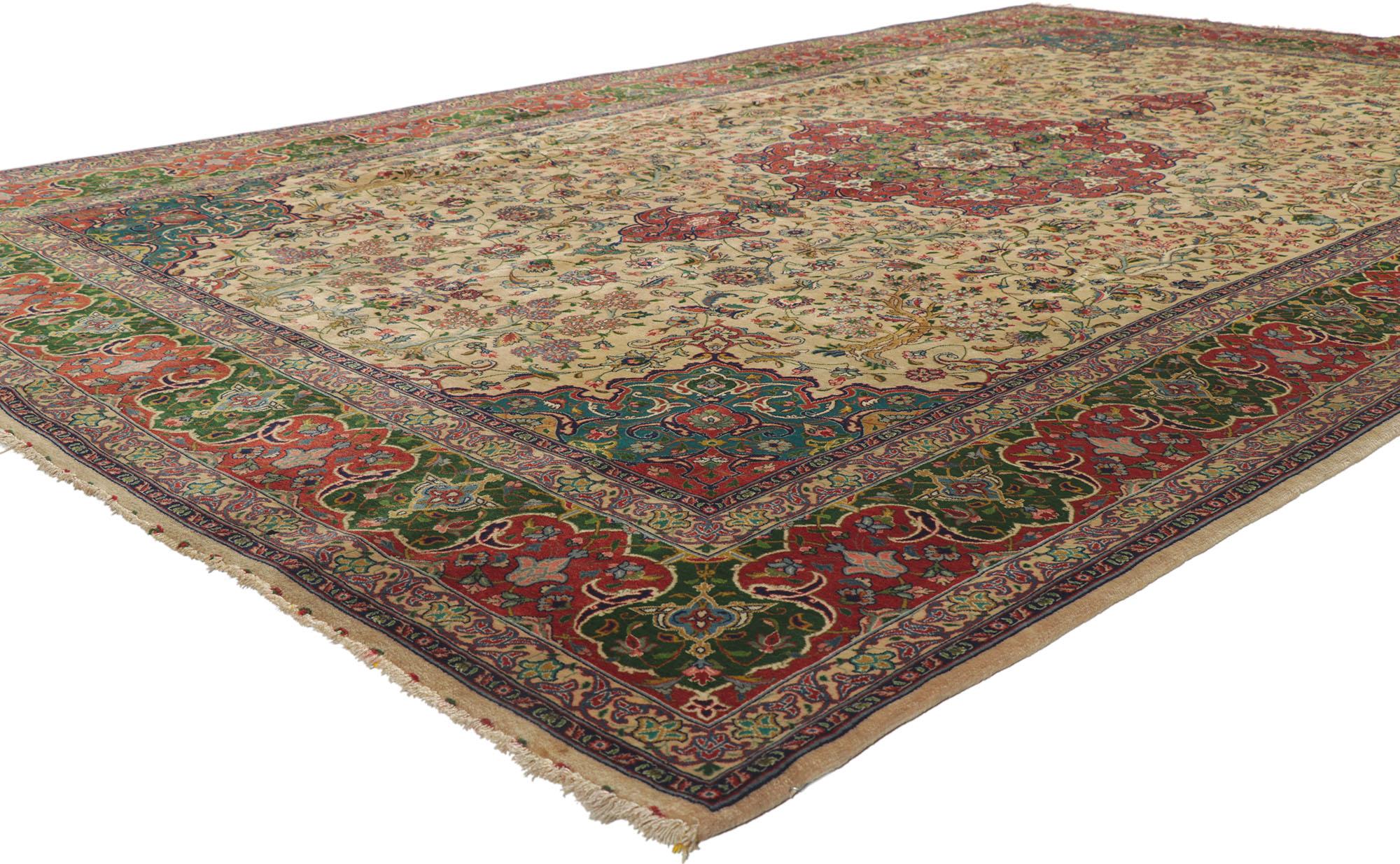 78170 Vintage Persian Tabriz rug, 06'06 x 10'05. With effortless beauty and ornate details, this hand-knotted wool vintage Persian Tabriz rug is poised to impress. Decadent beauty in a warm and regal color palette this vintage Persian Tabriz rug is