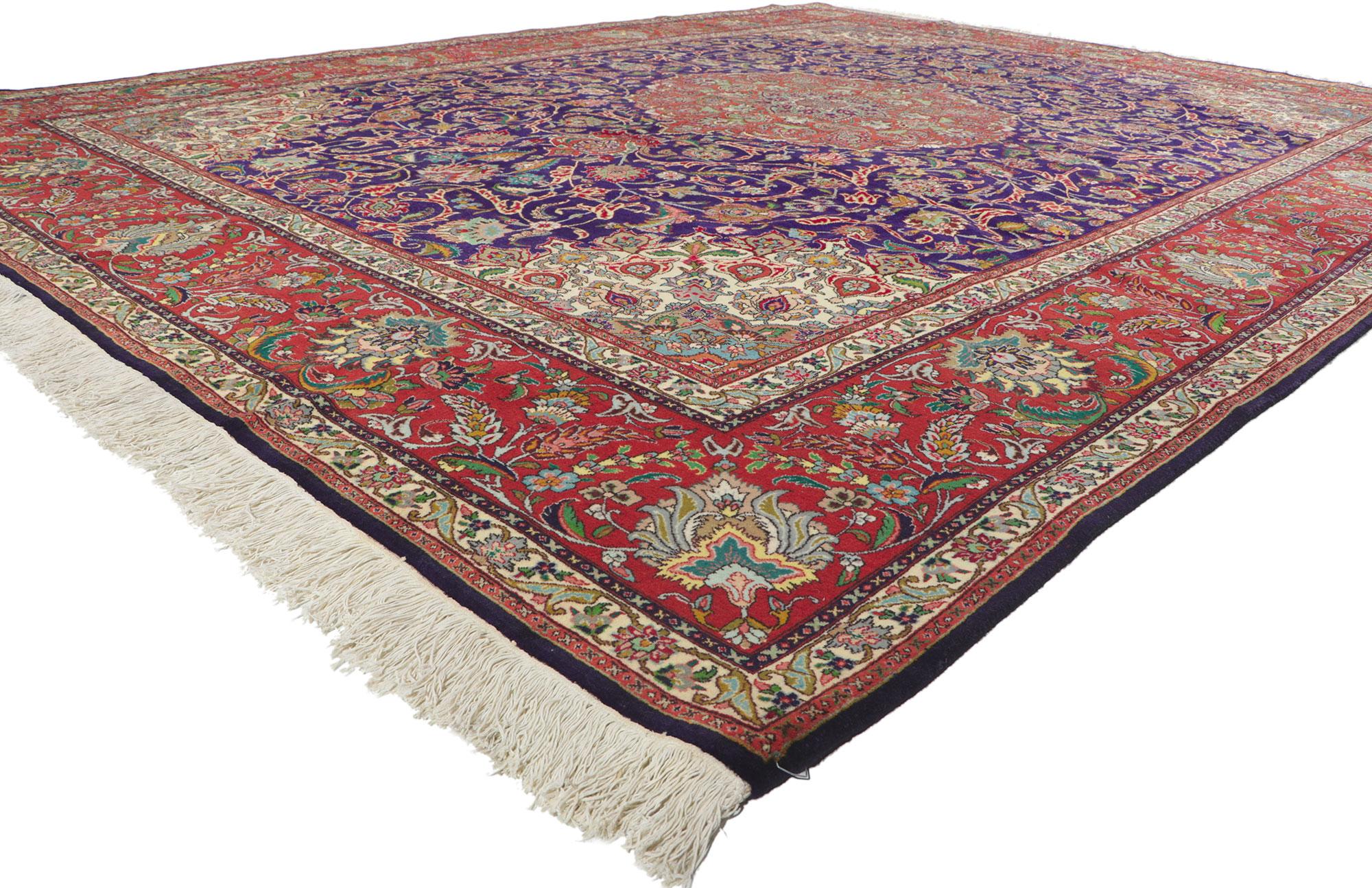 61110 Vintage Persian Tabriz Rug, 09'08 x 12'11.
Emanating a timeless floral design, incredible detail and texture, this hand knotted wool vintage Persian Tabriz rug is a captivating vision of woven beauty. The ornate details and sophisticated