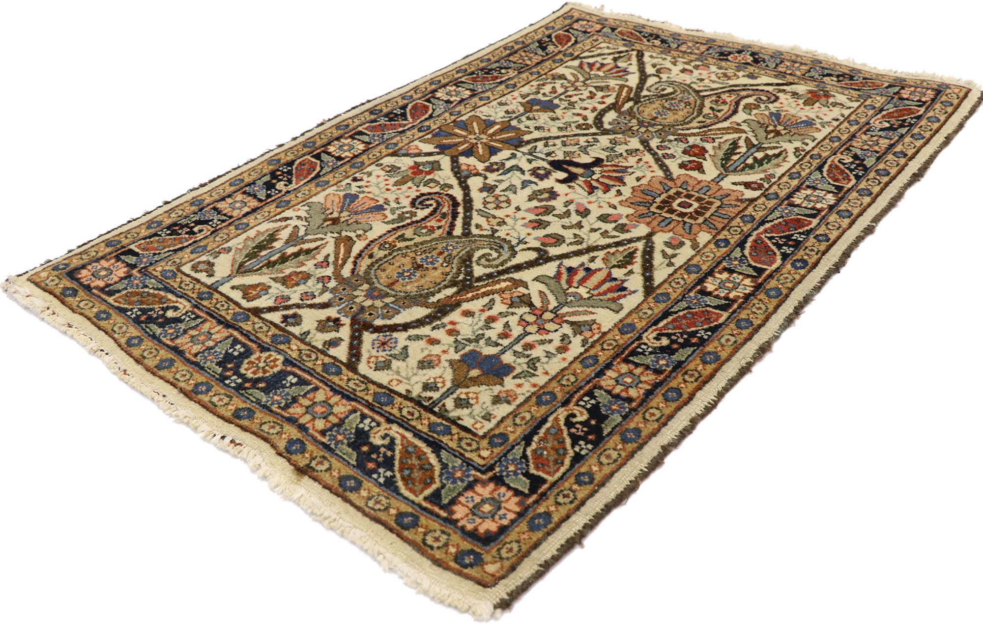 78004 Vintage Persian Tabriz Rug, 02'05 x 03'09. In the weaving of this hand-knotted wool vintage Persian Tabriz rug, tradition meets sophistication in a harmonious dance of elegance. Its earth-toned palette and botanical motifs weave a narrative of
