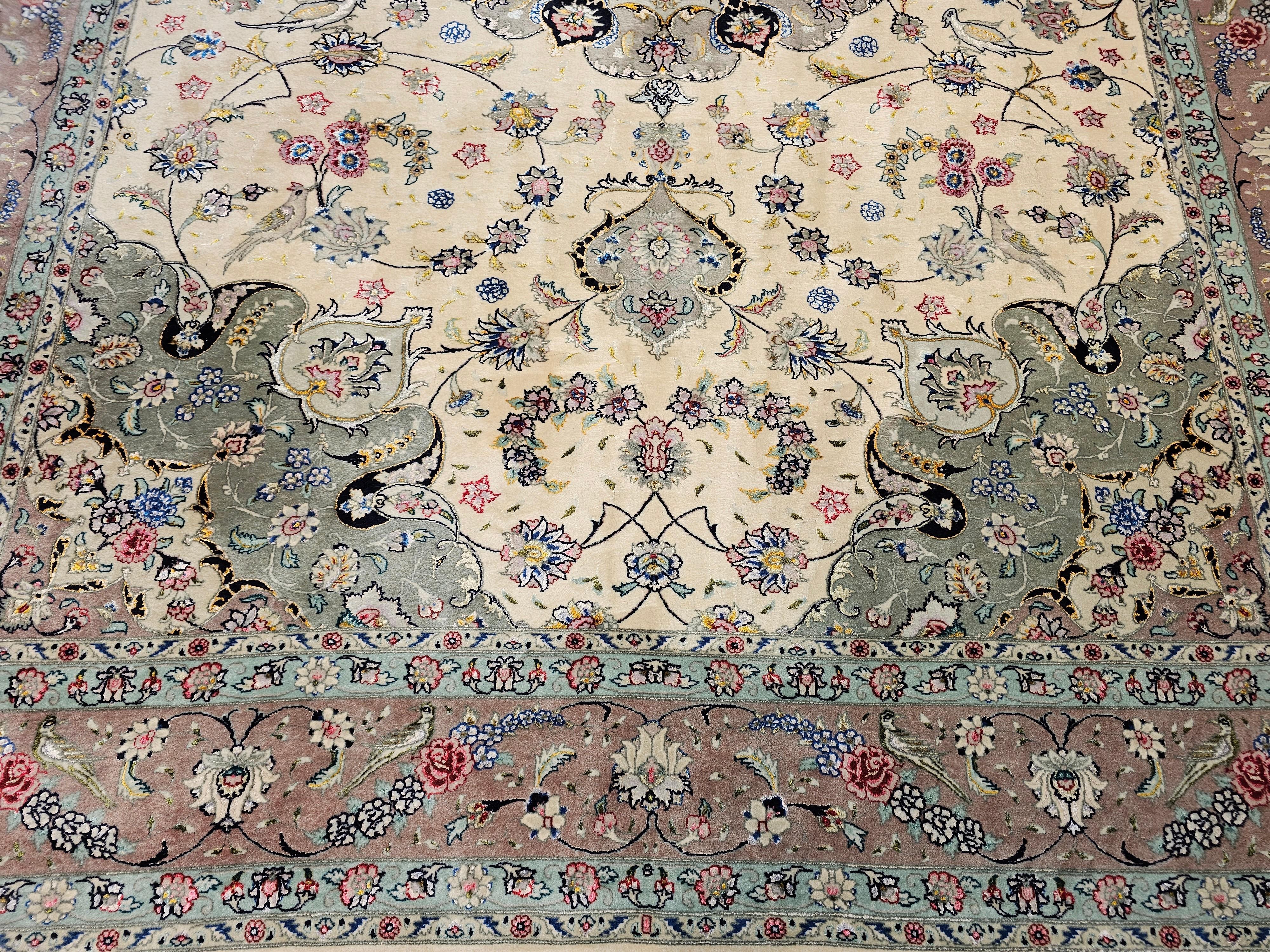 Vintage Persian Tabriz Room Size Rug in a Floral Pattern in Ivory, Taupe, Sage For Sale 8
