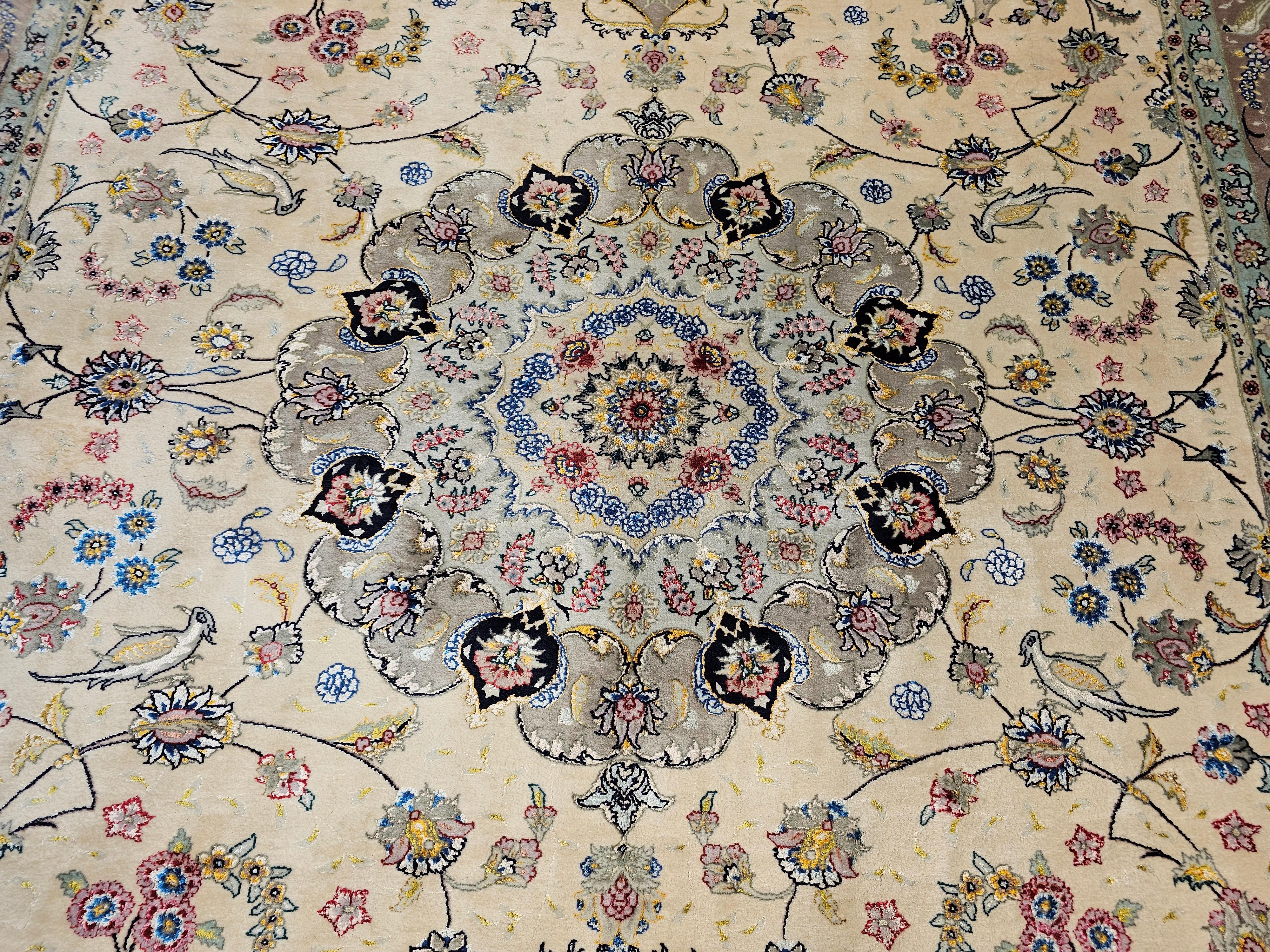 Vintage Persian Tabriz Room Size Rug in a Floral Pattern in Ivory, Taupe, Sage For Sale 7