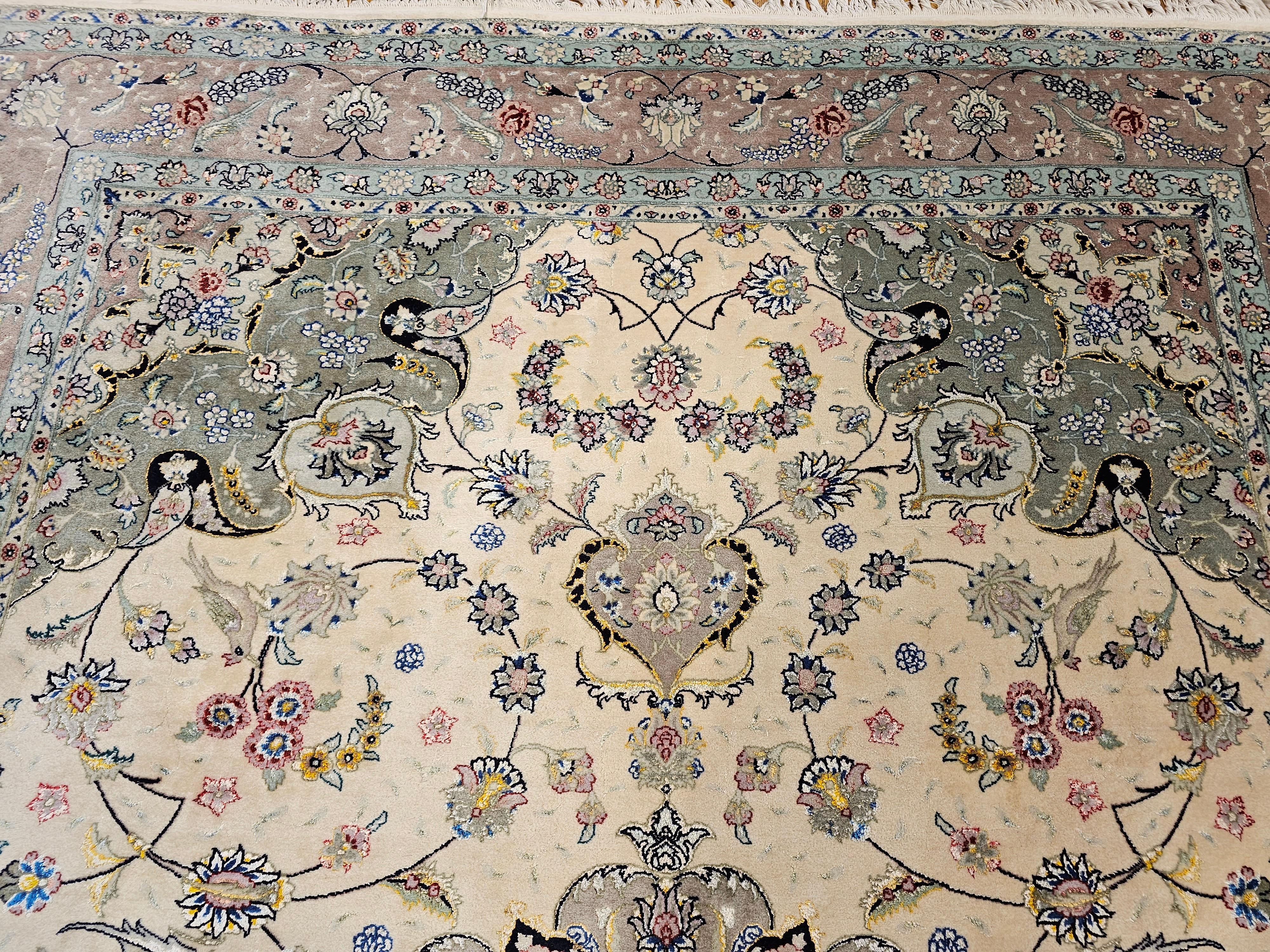 Vintage Persian Tabriz Room Size Rug in a Floral Pattern in Ivory, Taupe, Sage For Sale 6