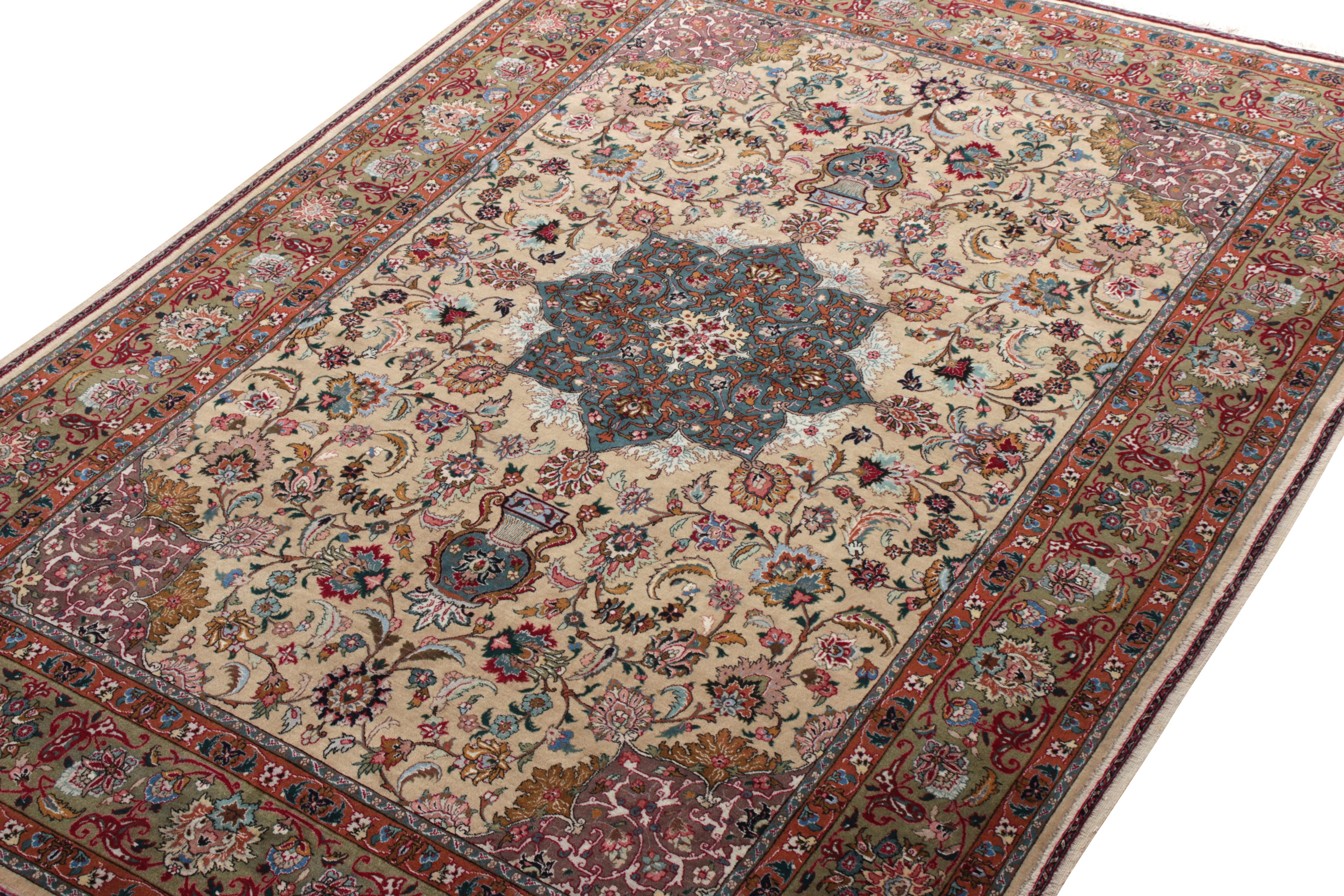 Hand-Knotted Vintage Persian Tabriz Rug in Beige, Red & Blue Florals, Green by Rug & Kilim For Sale