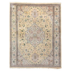 Vintage Persian Tabriz Rug in Ivory and Cream with Soft Blue Medallion