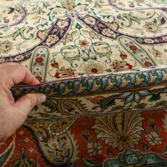 Tapis persan Tabriz vintage en corail et soie - Taille : 16'6 X 12'