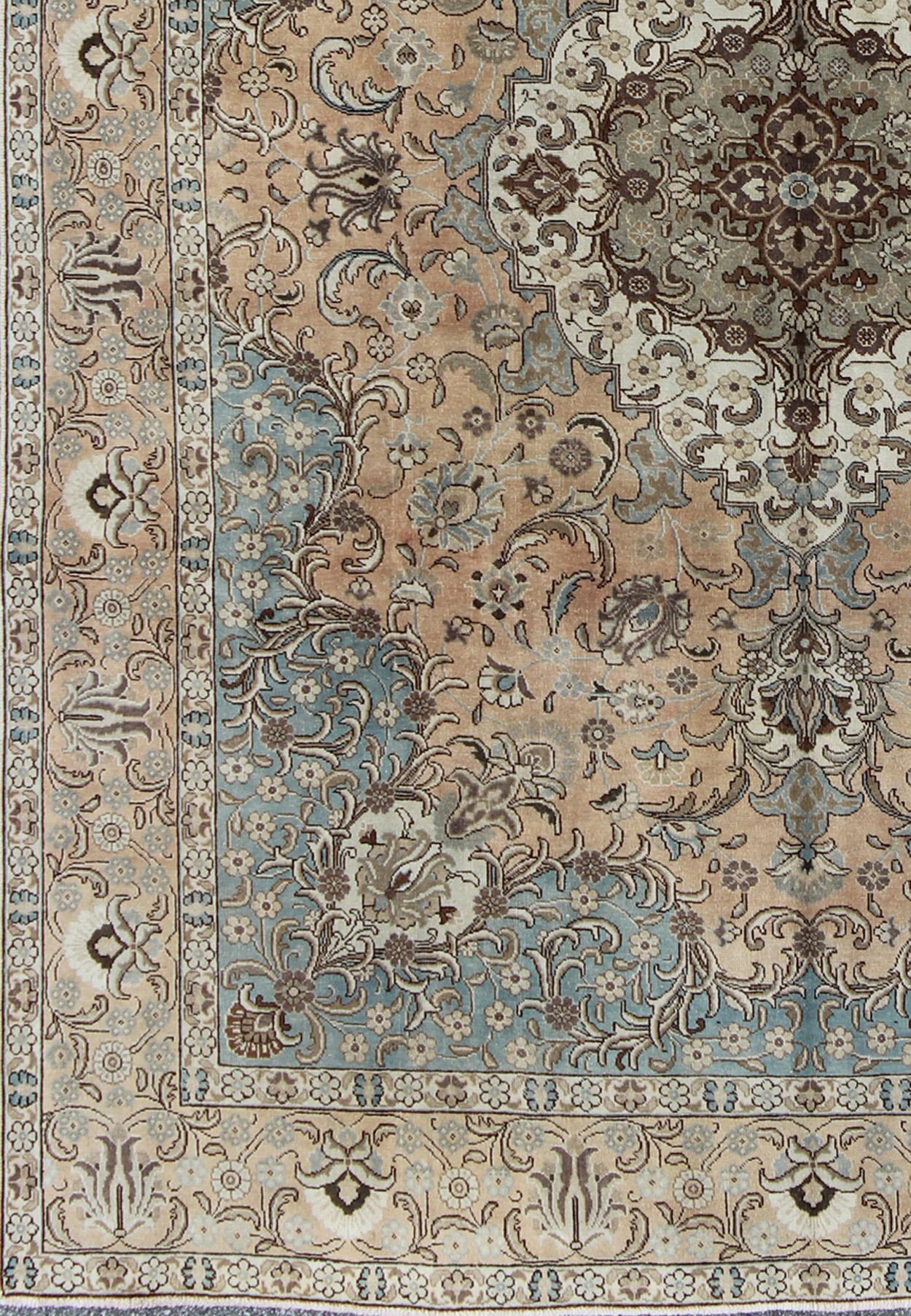 Hand-Knotted Vintage Persian Tabriz Rug in Mocha, Camel, Brown, Gray and Light Blue For Sale