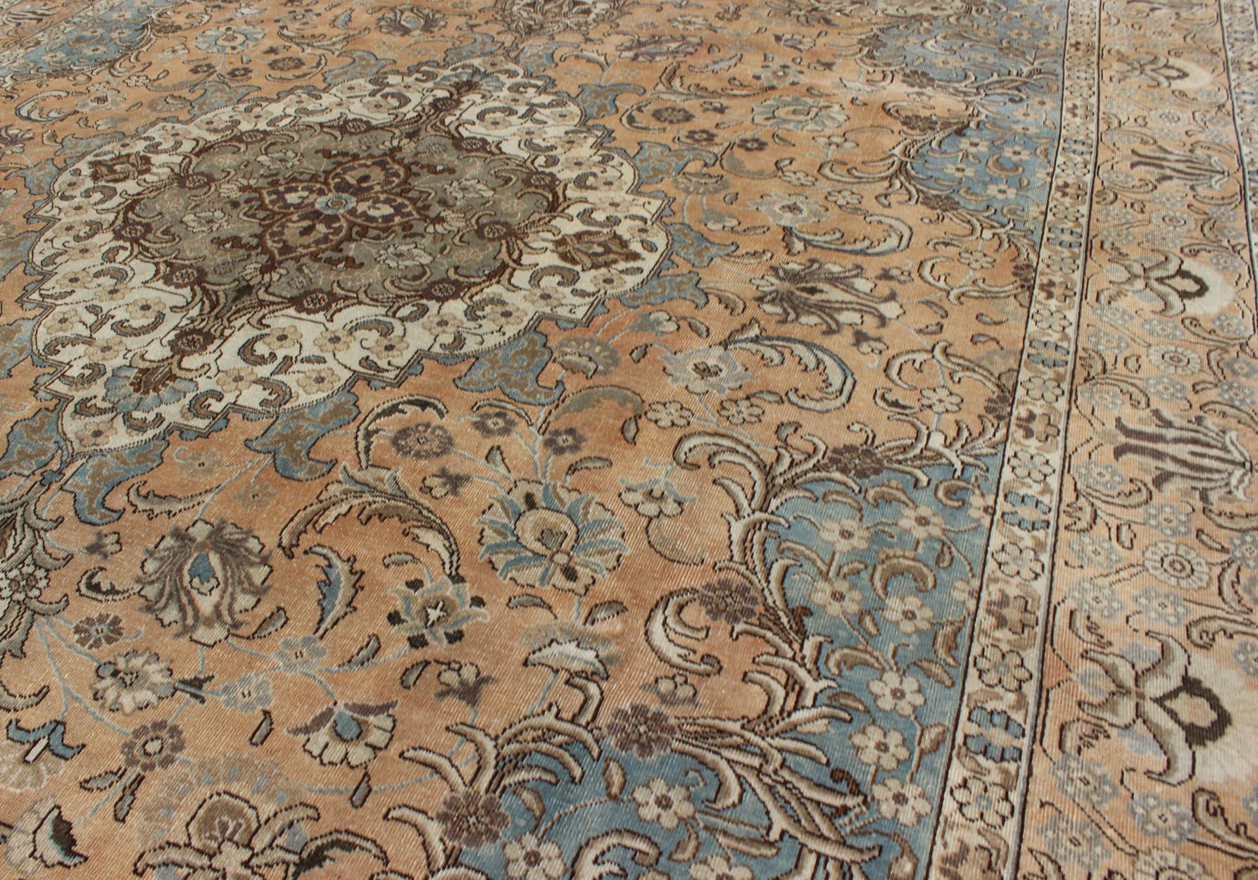 20th Century Vintage Persian Tabriz Rug in Mocha, Camel, Brown, Gray and Light Blue For Sale