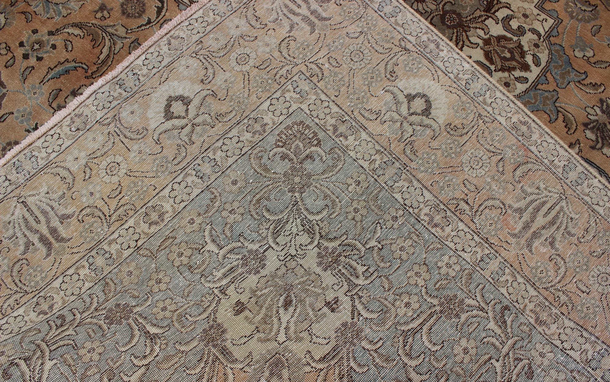 Wool Vintage Persian Tabriz Rug in Mocha, Camel, Brown, Gray and Light Blue For Sale