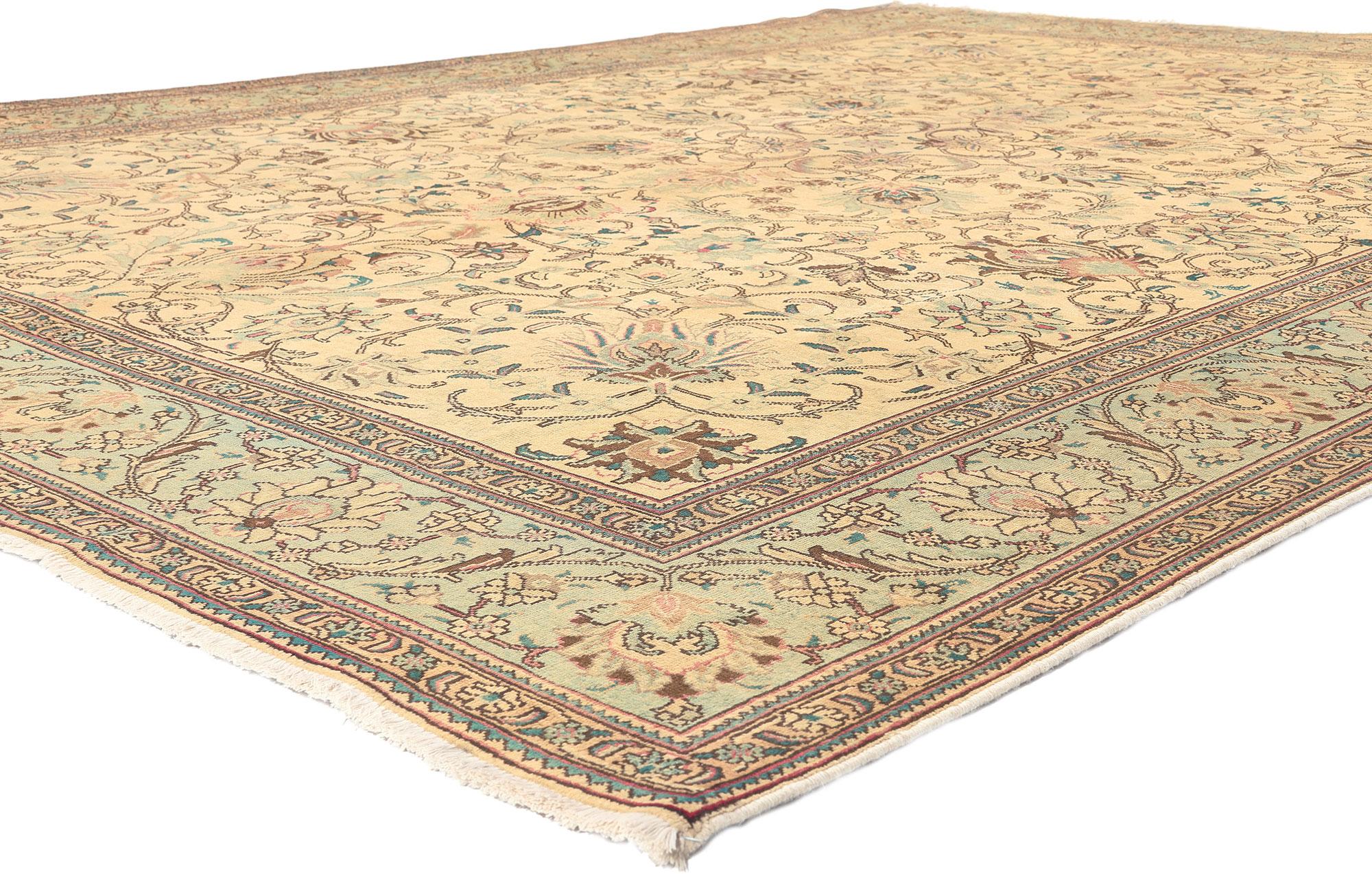 76489 Vintage Persian Tabriz Rug, 09’09 x 13’00
Refined Regence meets soft, bespoke Bridgerton style in this hand knotted wool Persian Tabriz rug. The elaborate botanical details and soft pastel colorway woven into this piece work together resulting