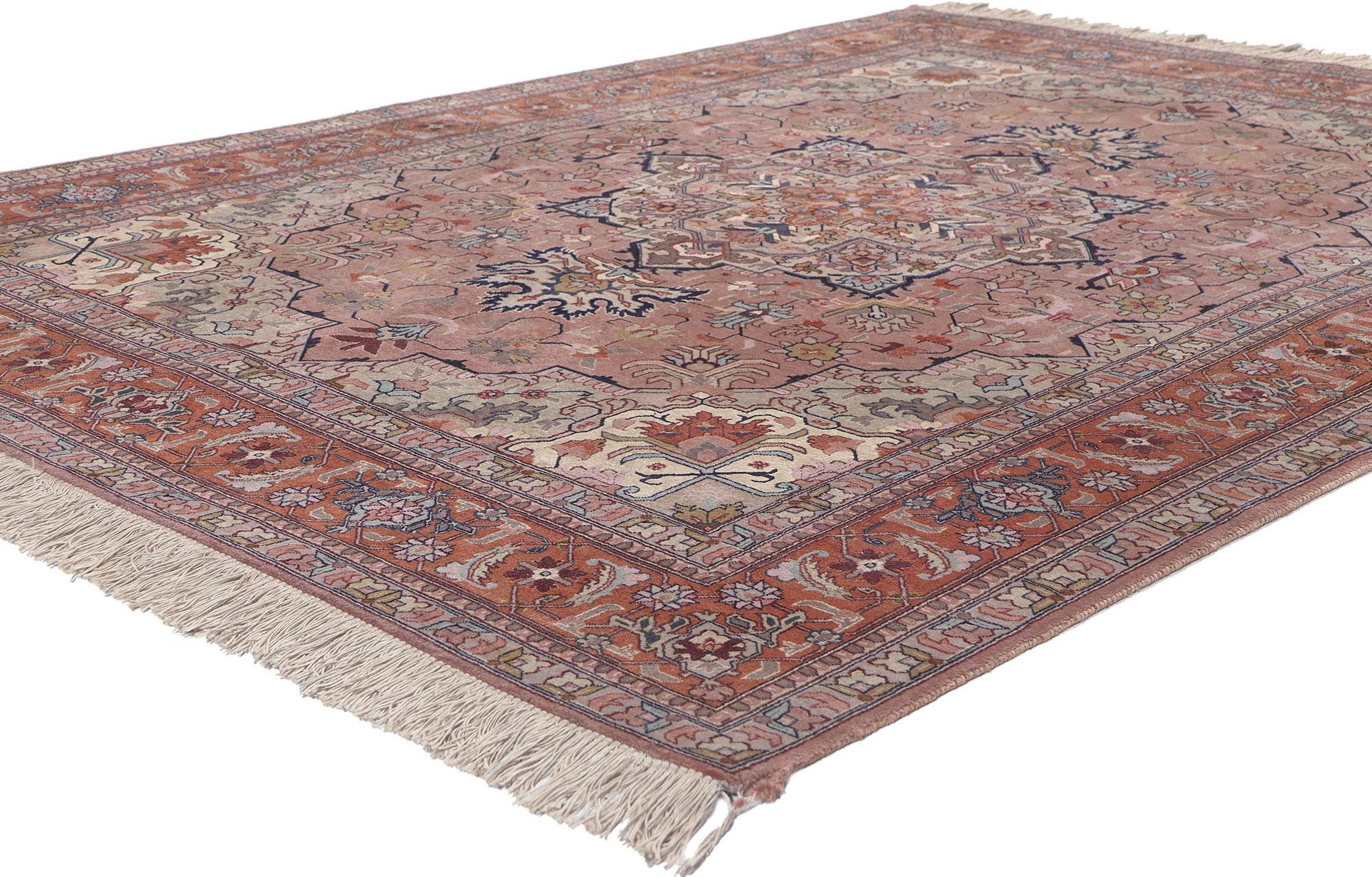 78686 Vintage Persian Tabriz Rug, 04'10 x 06'05. Regencycore seamlessly merges with timeless elegance in this meticulously hand-knotted wool vintage Persian Tabriz rug. The enchanting botanical design and harmonious color palette intricately woven