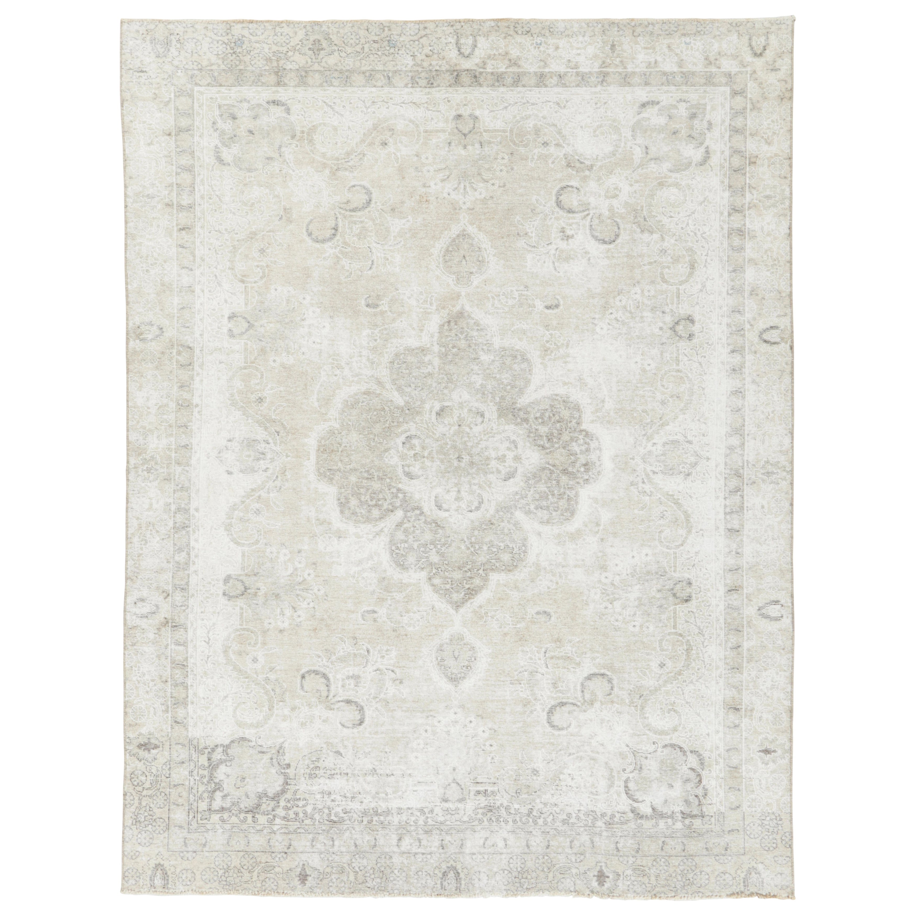 Vintage Persian Tabriz Rug, Sculptured Medallion in Ivory & Cool Gray Rug & Kilim