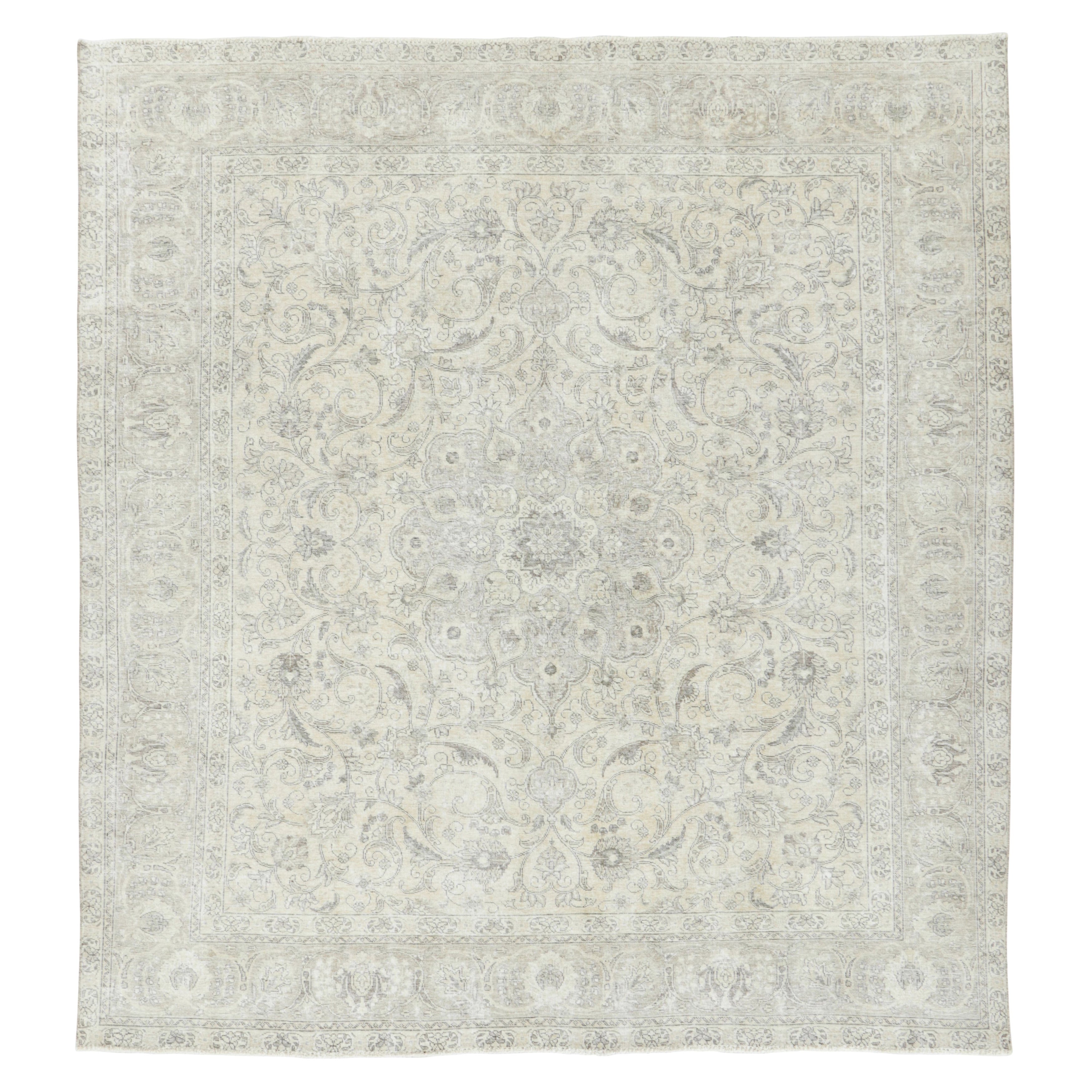 Vintage Persian Tabriz Rug, Washed All-Over Floral in Cream and Gray Rug & Kilim