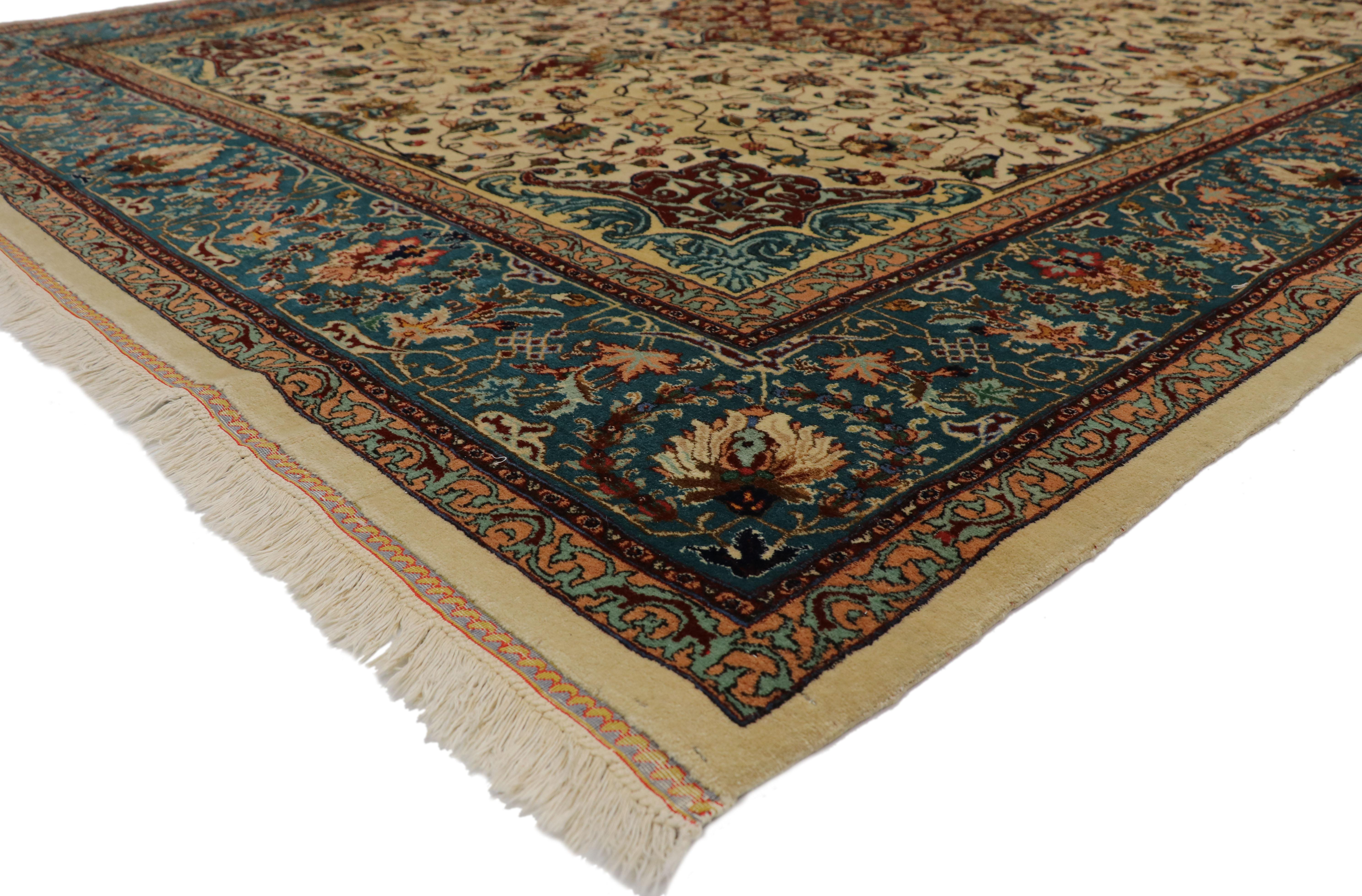 77352, Vintage Persian Tabriz Rug with Baroque Venetian Style 09'00 x 11'03. With it's rich colors and exotic glamour, this hand knotted wool vintage Persian Tabriz rug truly embodies Venetian style with a hint of Baroque. The vintage Persian rug