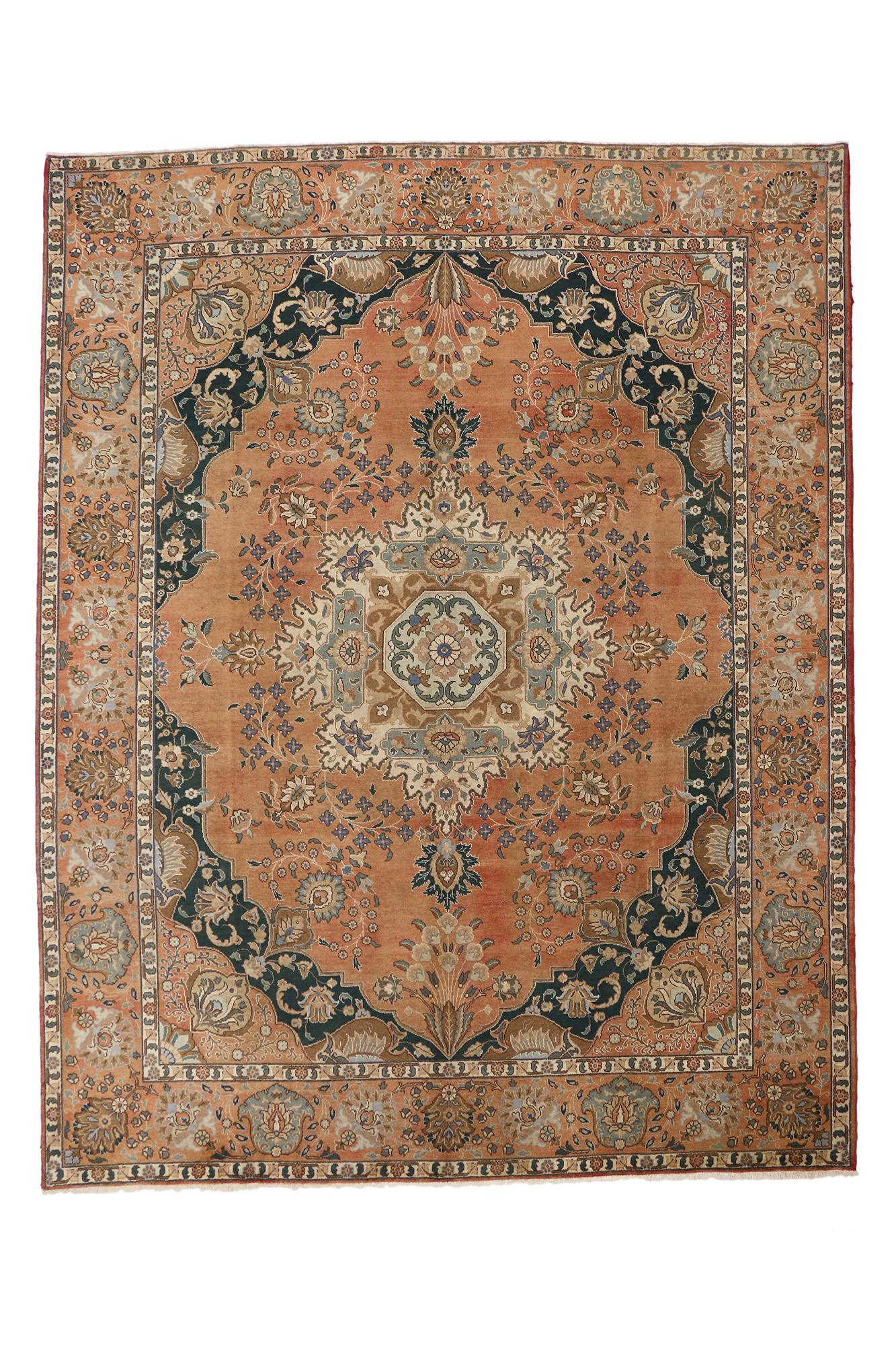 Vintage Persian Tabriz Rug with English Chintz Rustic Style For Sale 1