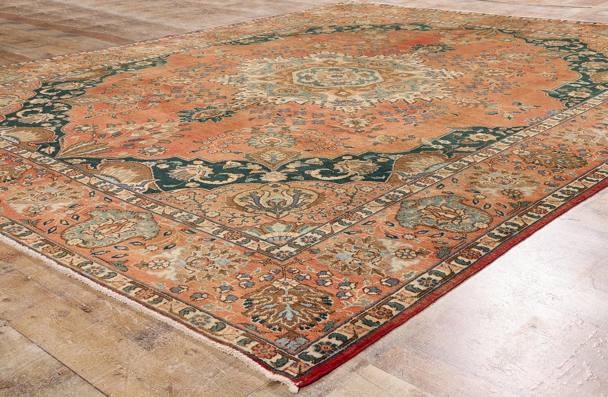 Wool Vintage Persian Tabriz Rug with English Chintz Rustic Style For Sale