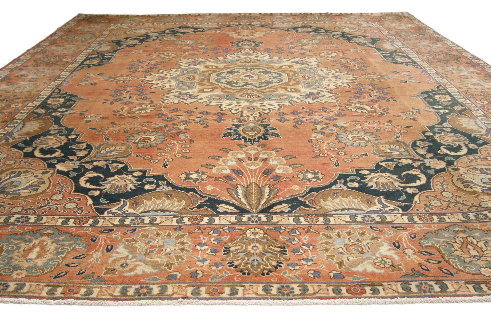 Hand-Knotted Vintage Persian Tabriz Rug with English Chintz Rustic Style For Sale