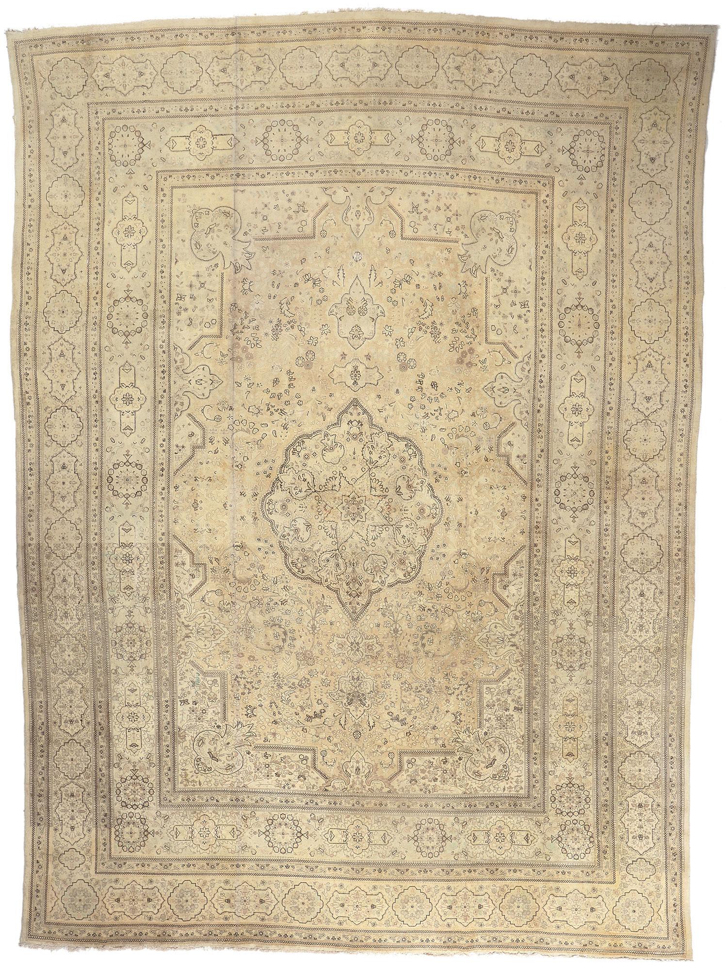 Vintage Persian Tabriz Rug with Faded Soft Colors, Hotel Lobby Size Carpet For Sale 4