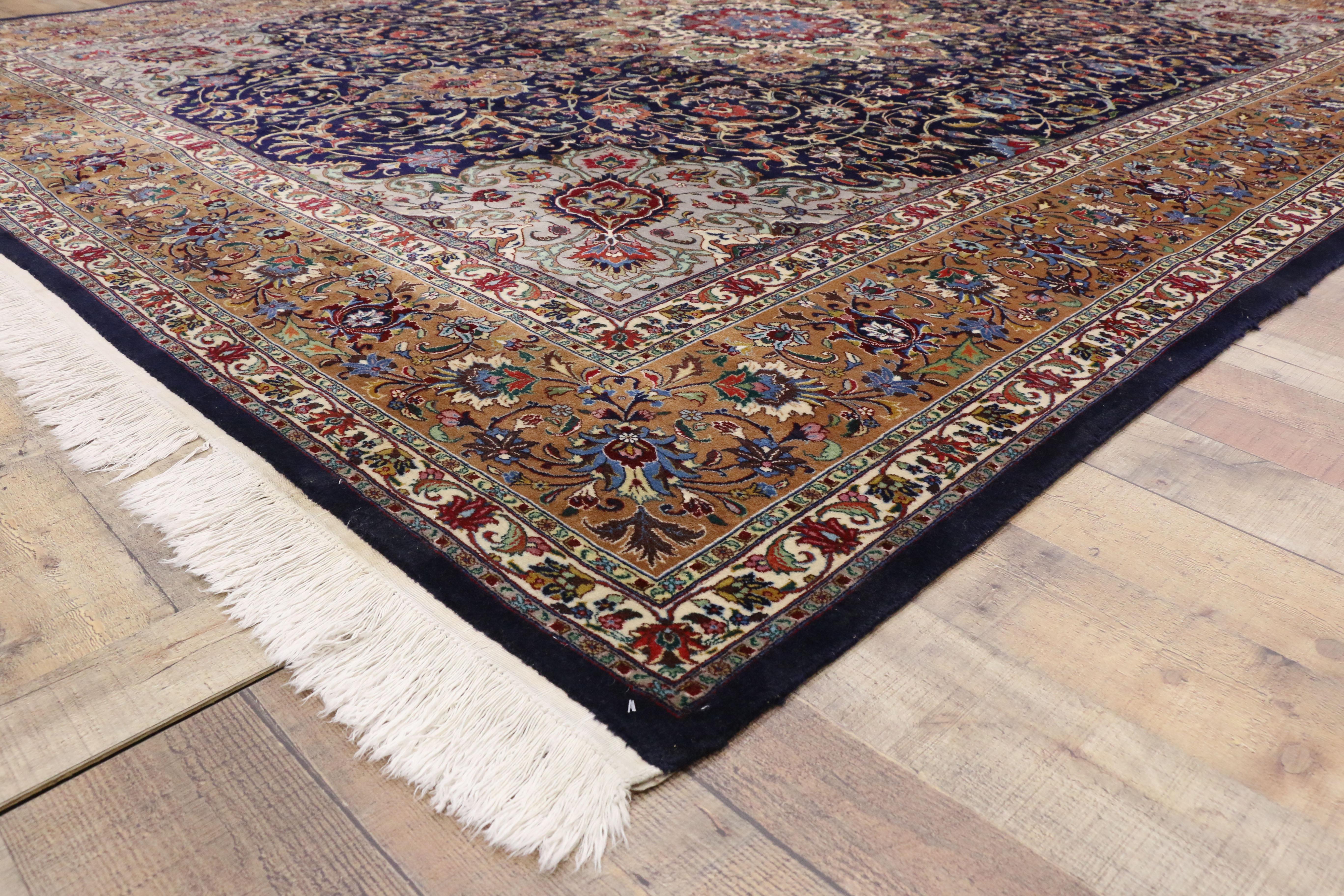 77188, vintage Persian Tabriz rug with French Rococo style. Showcasing decadence and luxury, this hand knotted wool and silk vintage Persian Tabriz rug goes beyond the boundaries of everyday design for an impact that is undeniably sumptuous. Richly