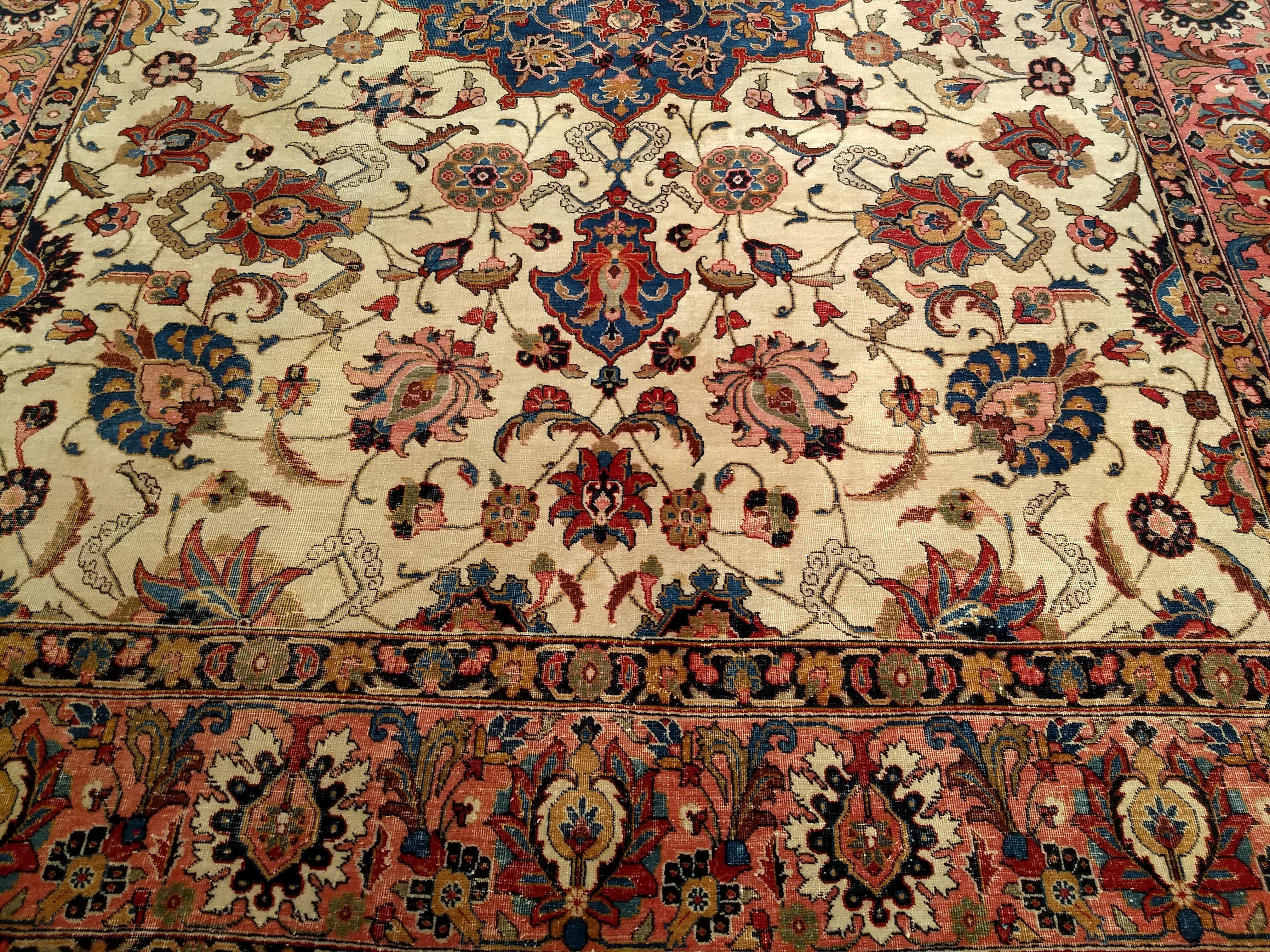 Vintage Persian Tabriz in Floral Pattern in Ivory, Salmon, French Blue, Red For Sale 3