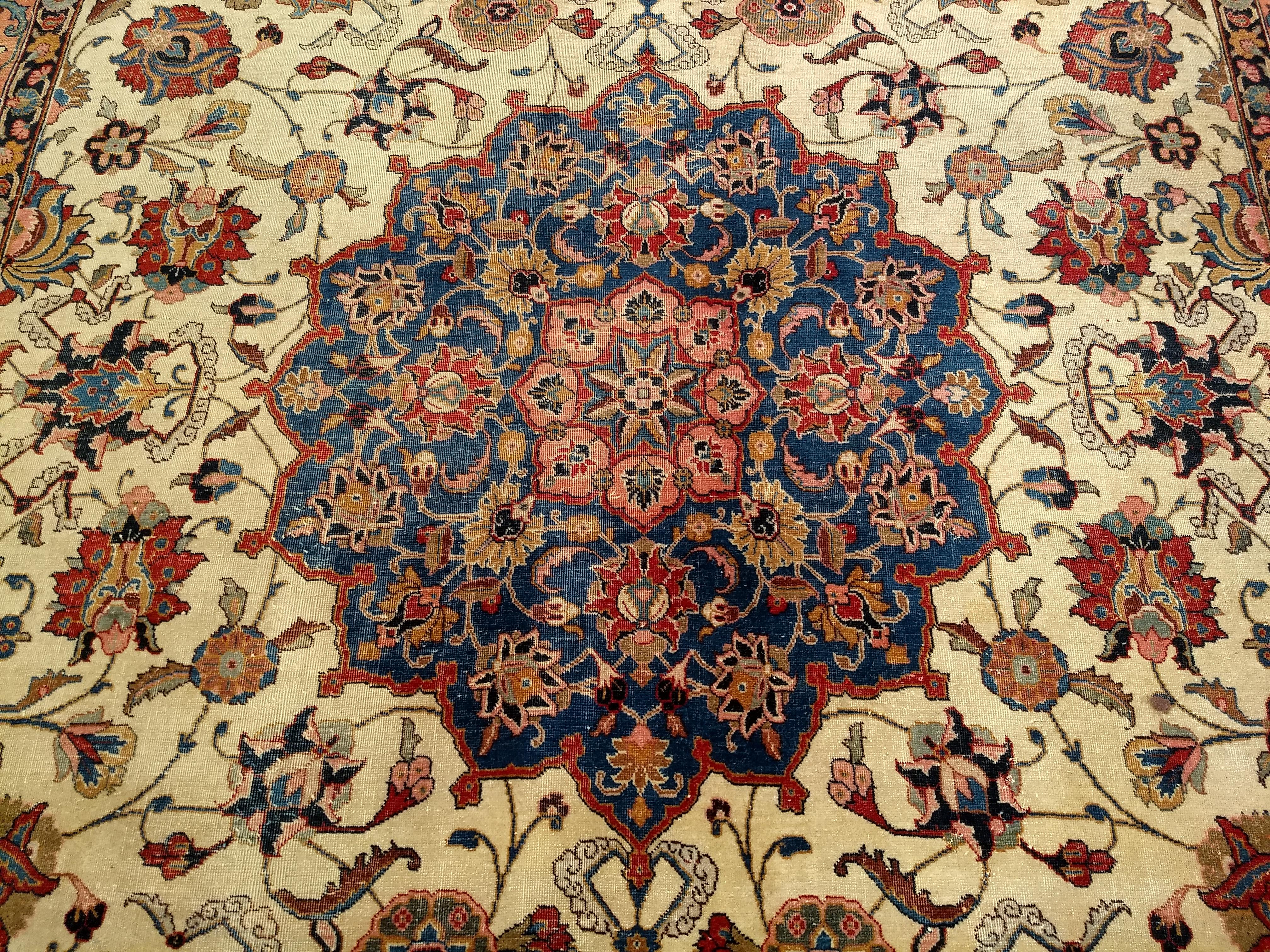 Vintage Persian Tabriz in Floral Pattern in Ivory, Salmon, French Blue, Red For Sale 4