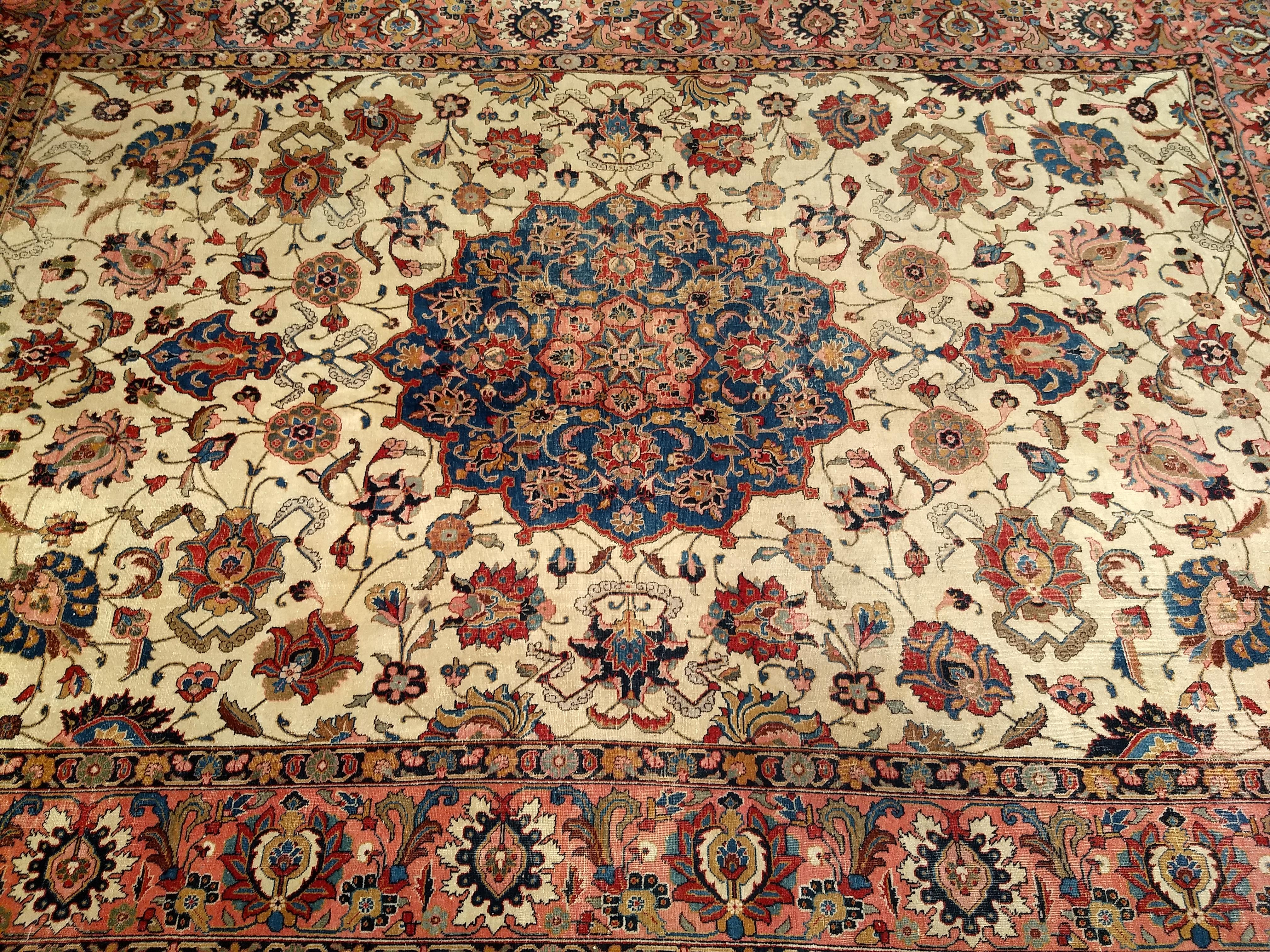 Vintage Persian Tabriz in Floral Pattern in Ivory, Salmon, French Blue, Red For Sale 5
