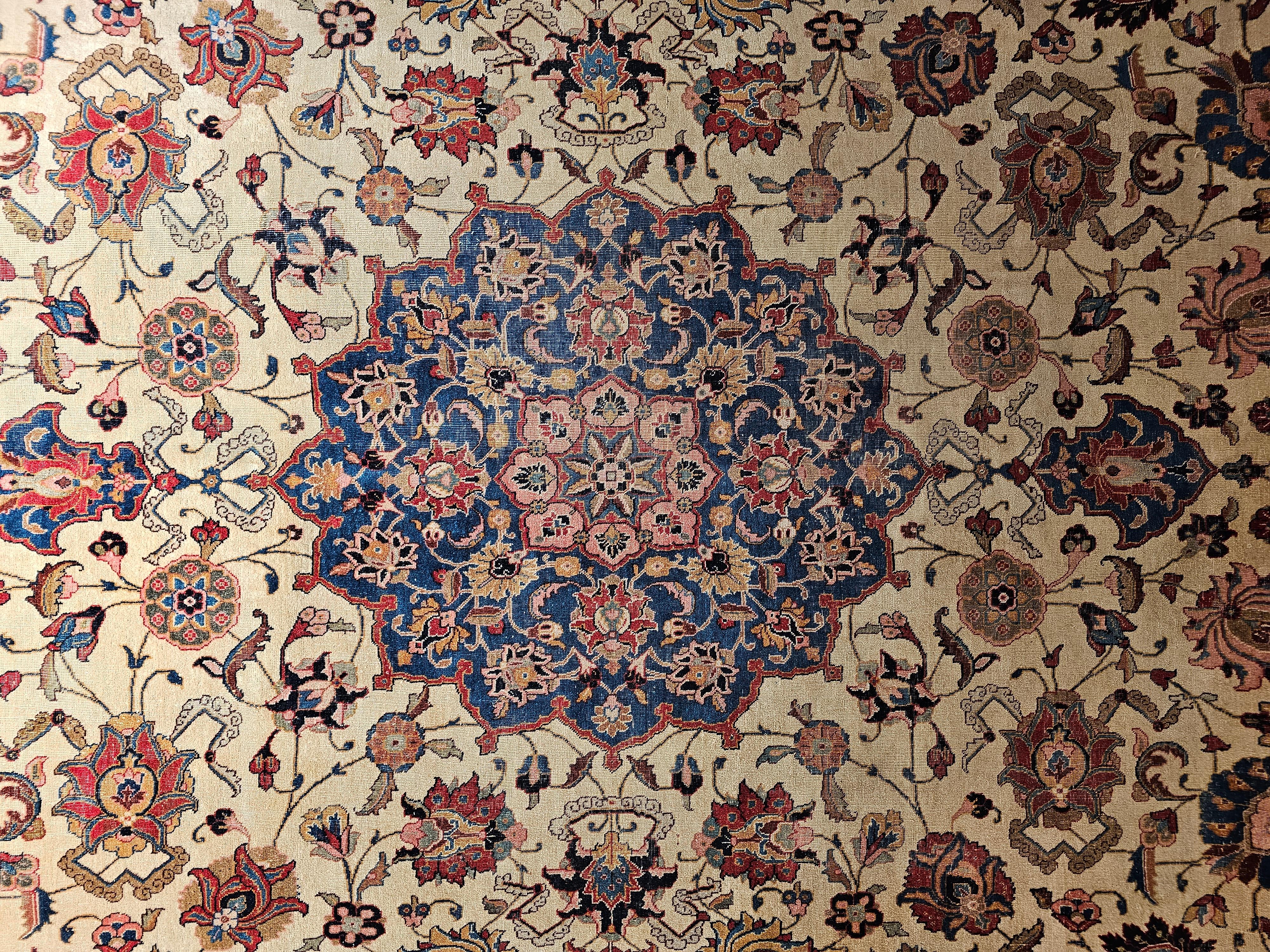 Hand-Woven Vintage Persian Tabriz in Floral Pattern in Ivory, Salmon, French Blue, Red For Sale