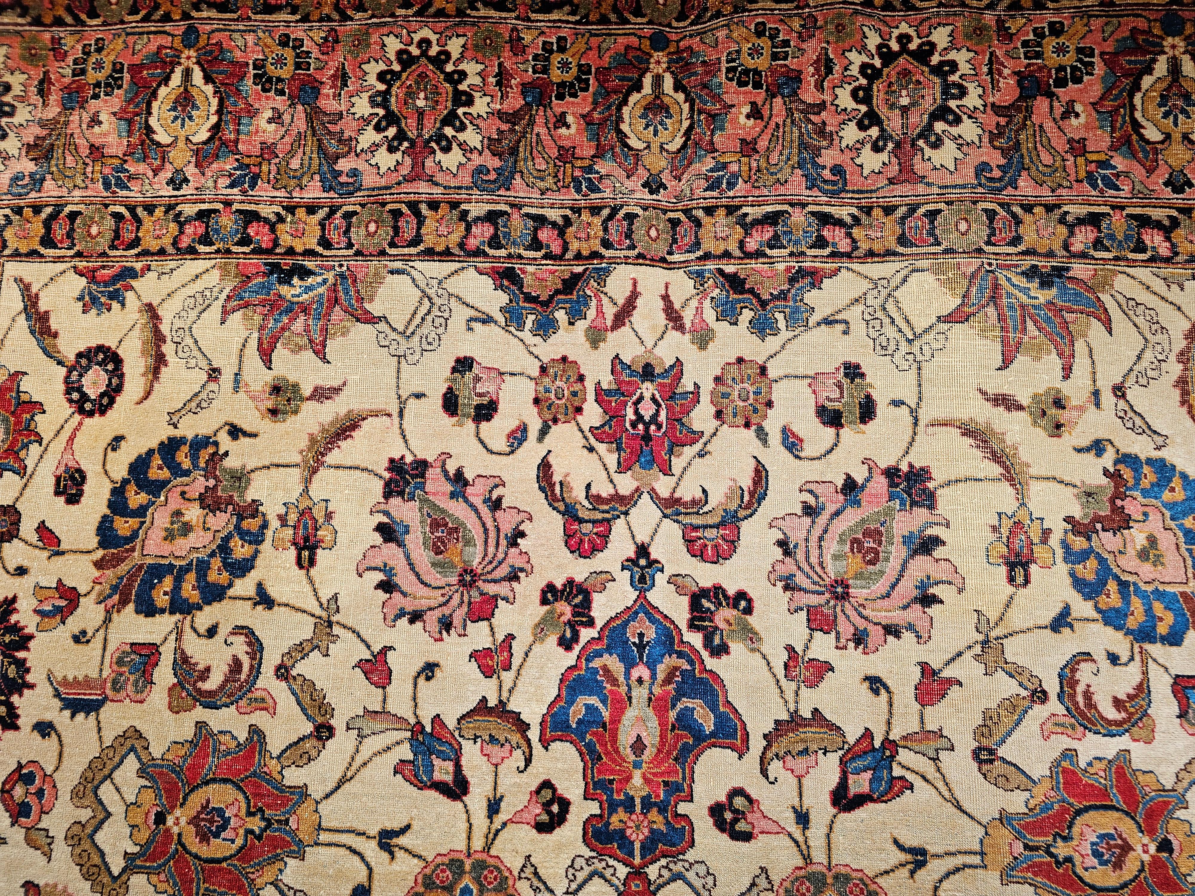 Vintage Persian Tabriz in Floral Pattern in Ivory, Salmon, French Blue, Red In Good Condition For Sale In Barrington, IL