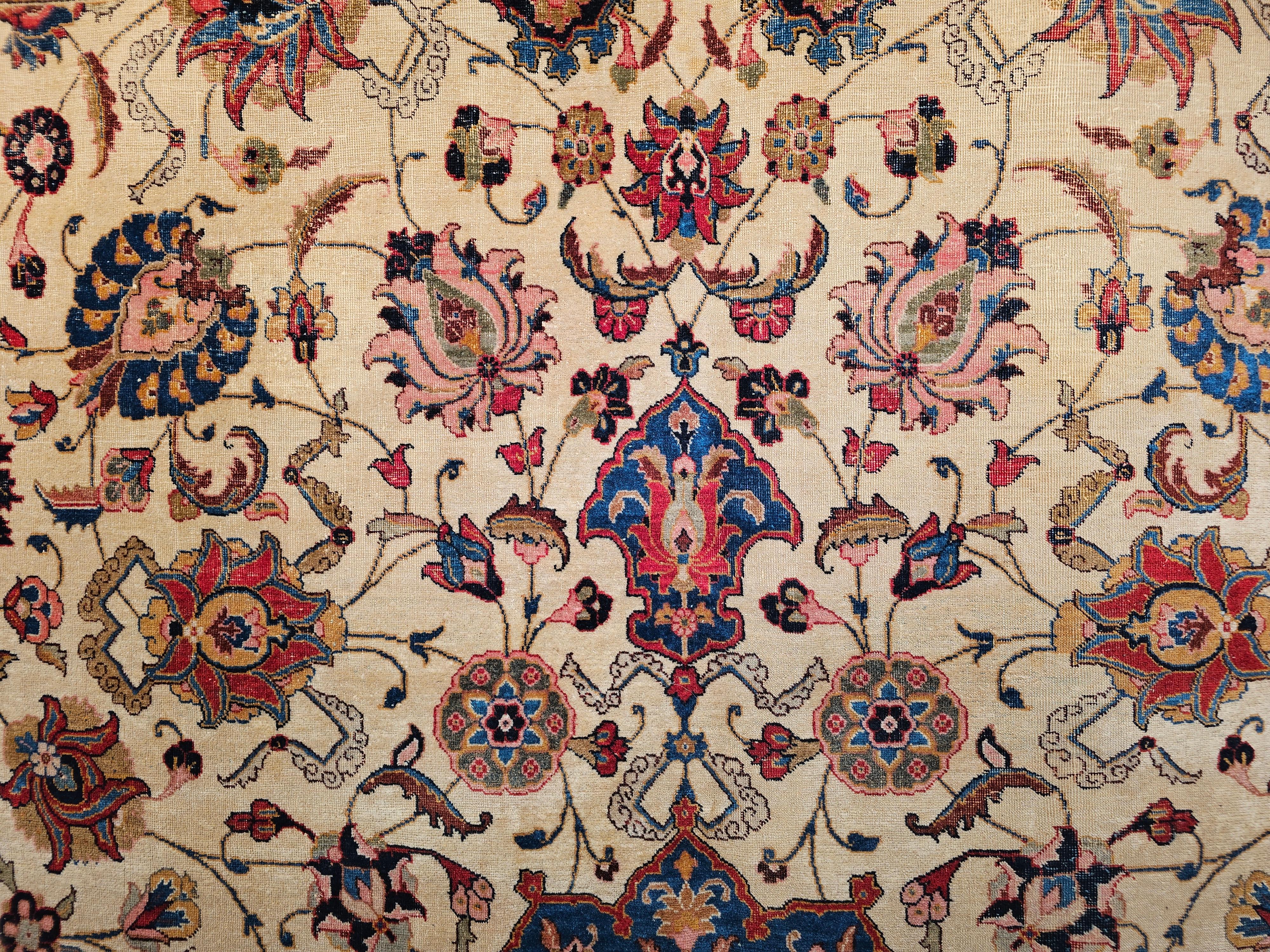 Early 20th Century Vintage Persian Tabriz in Floral Pattern in Ivory, Salmon, French Blue, Red For Sale