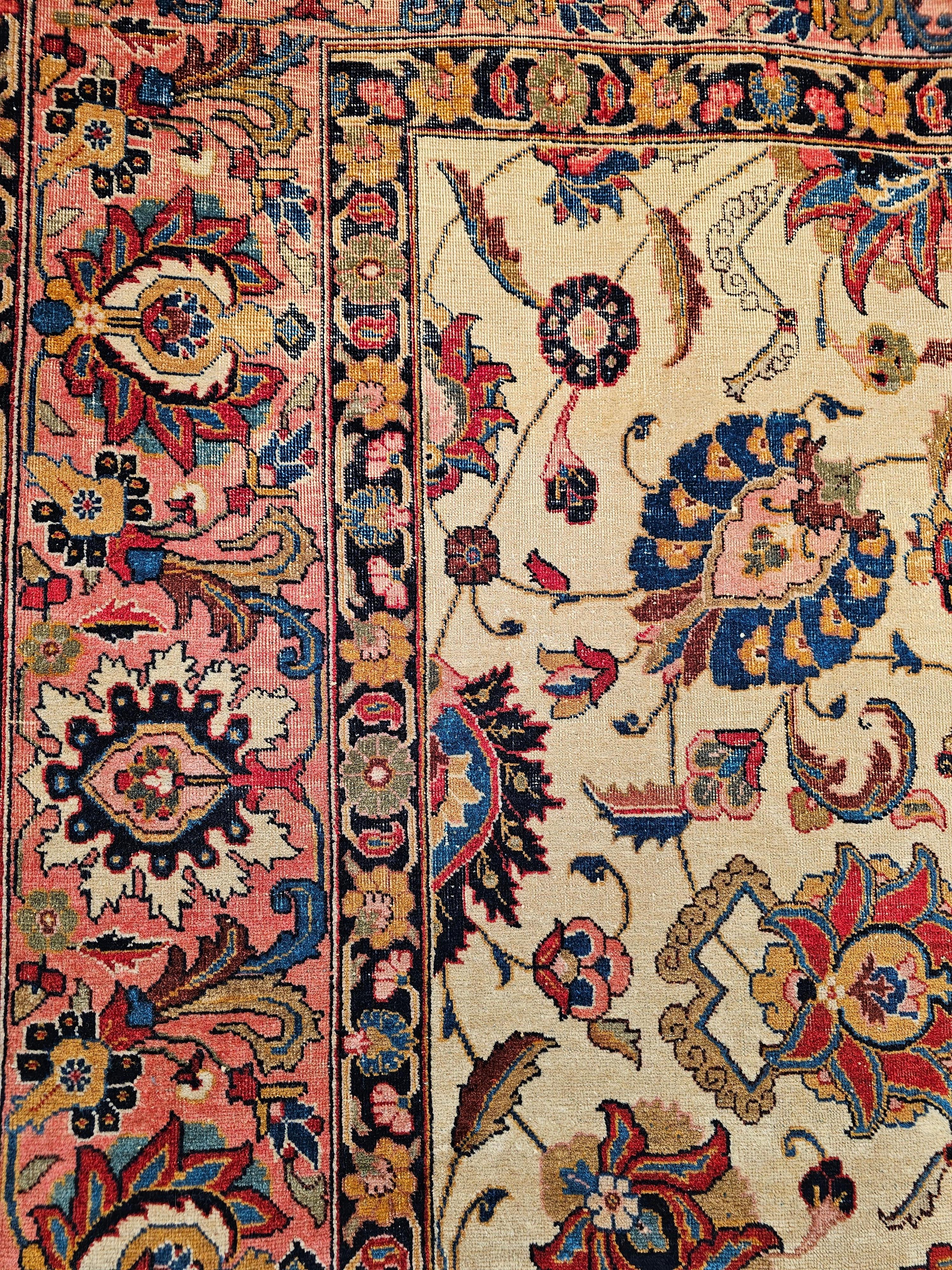 Wool Vintage Persian Tabriz in Floral Pattern in Ivory, Salmon, French Blue, Red For Sale