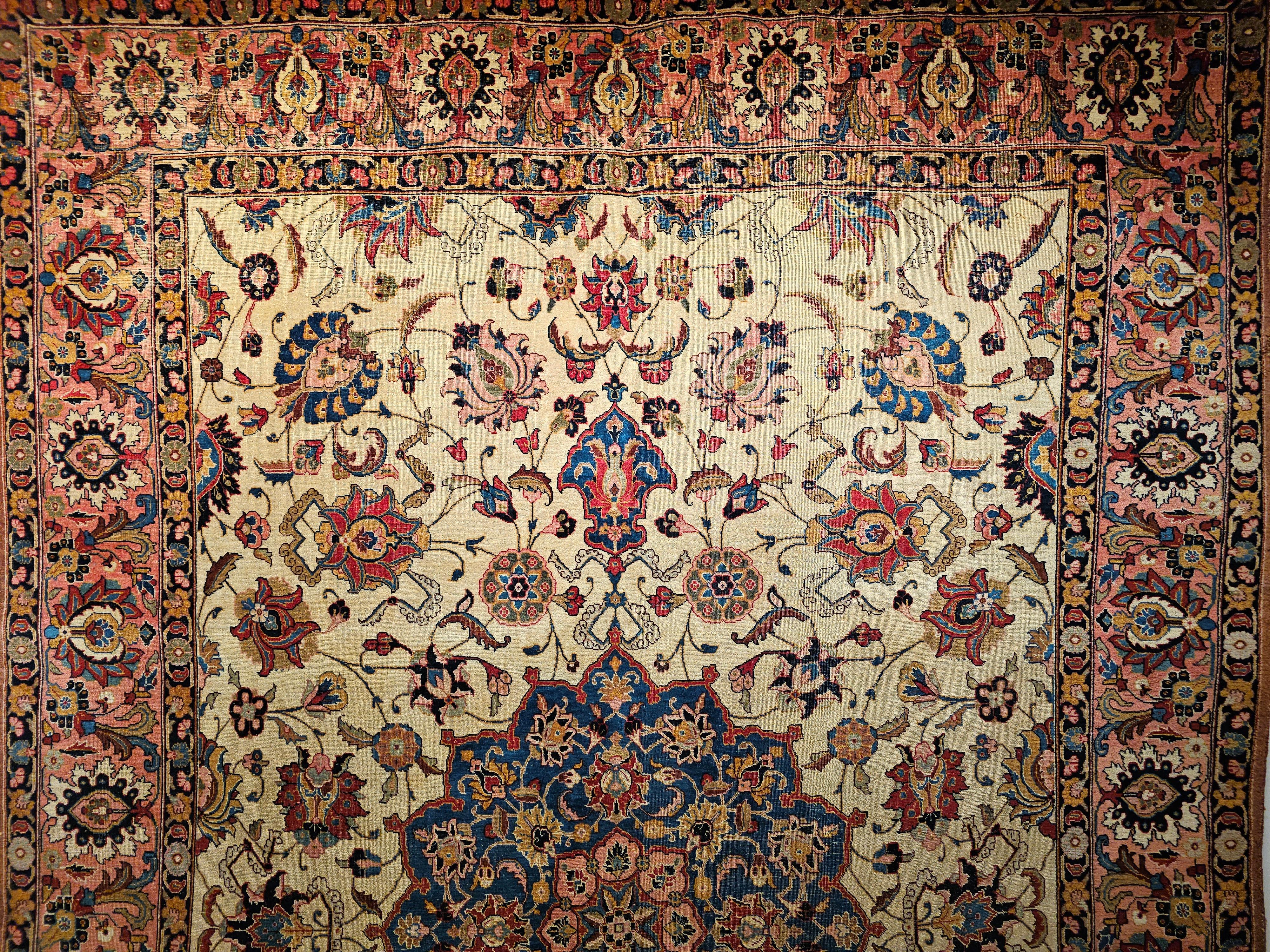 Vintage Persian Tabriz in Floral Pattern in Ivory, Salmon, French Blue, Red For Sale 1