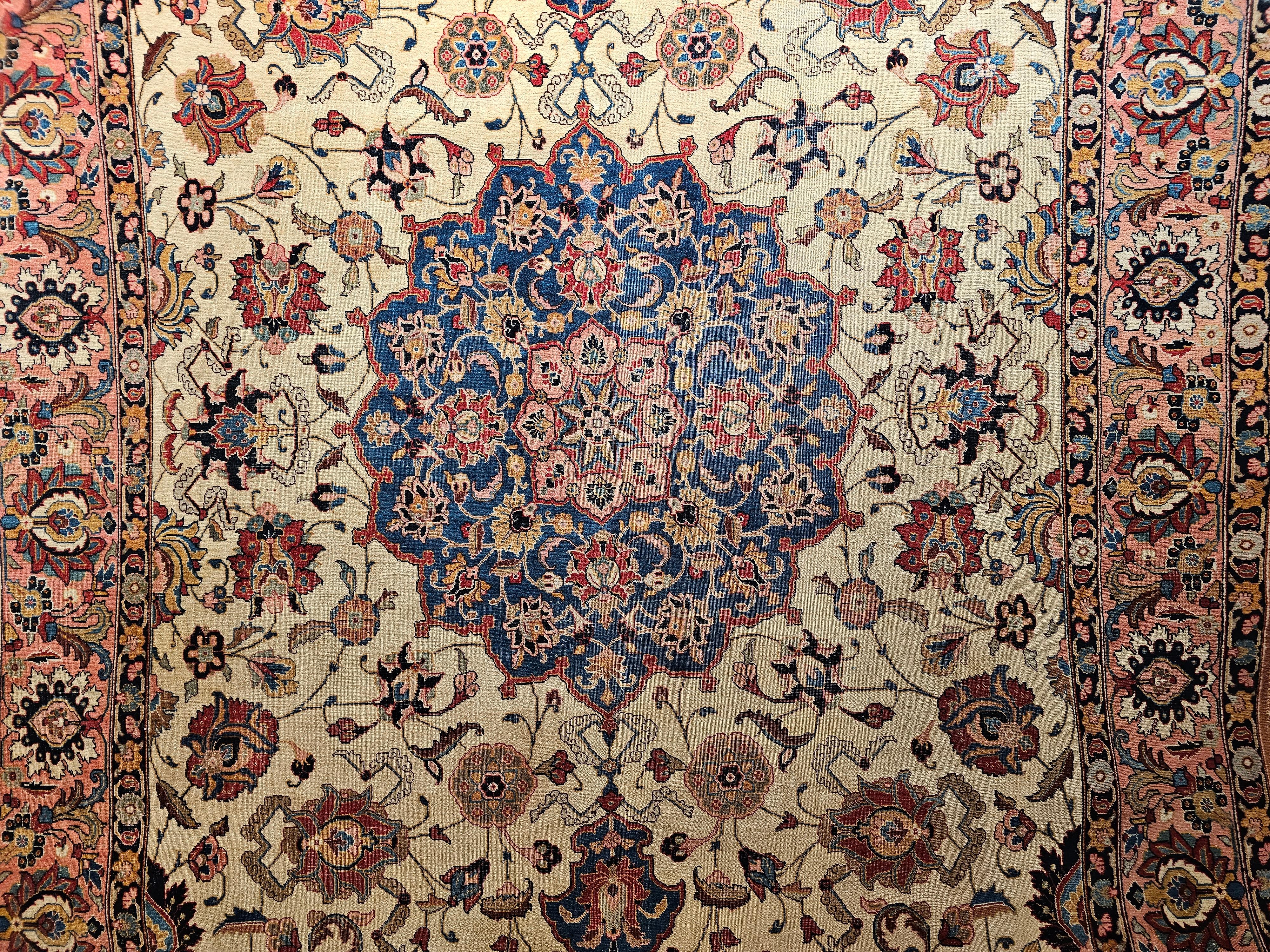Vintage Persian Tabriz in Floral Pattern in Ivory, Salmon, French Blue, Red For Sale 2