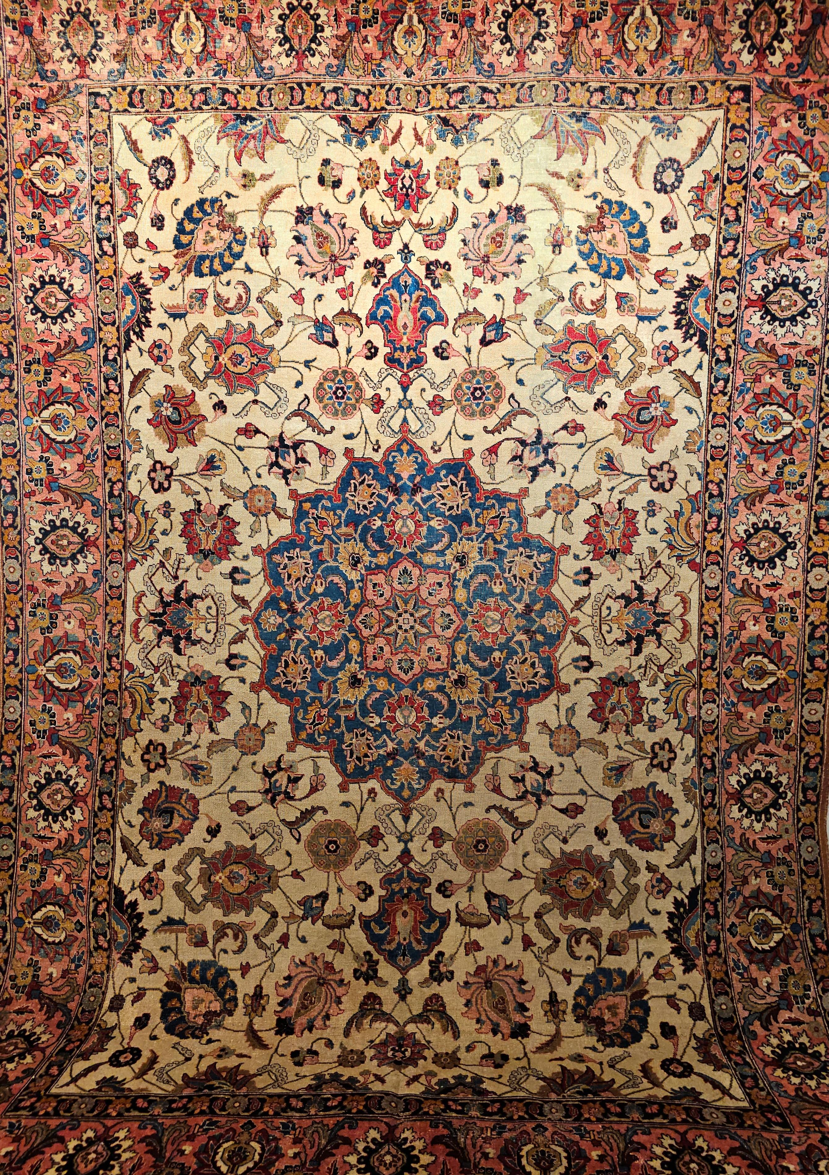 Vintage Persian Tabriz in Floral Pattern in Ivory, Salmon, French Blue, Red