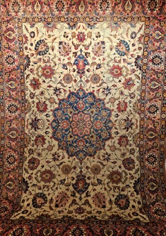 Vieille Tabriz persane à motif floral en ivoire, saumon, bleu français, rouge