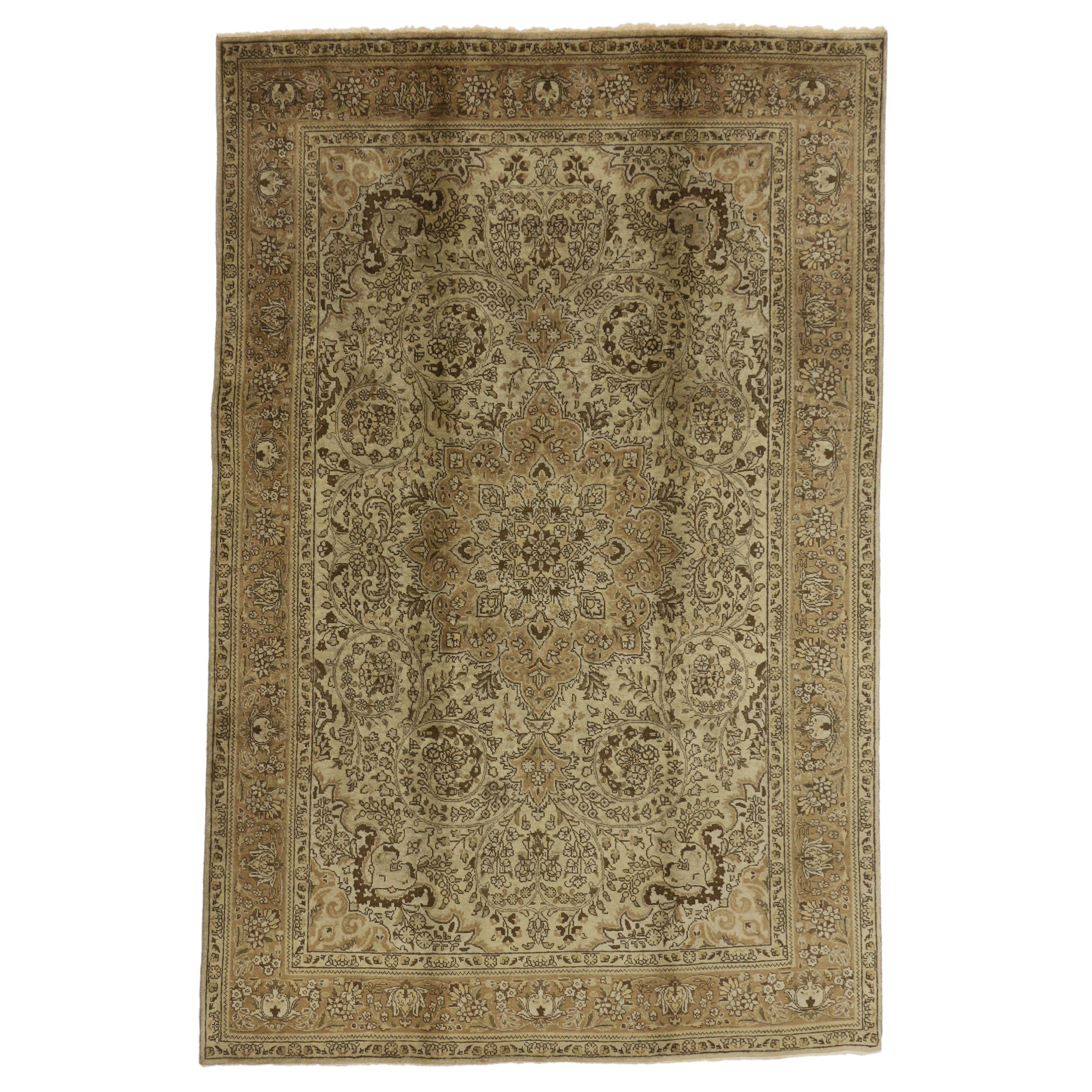 Vintage Persian Tabriz Rug with Neutral Colors For Sale