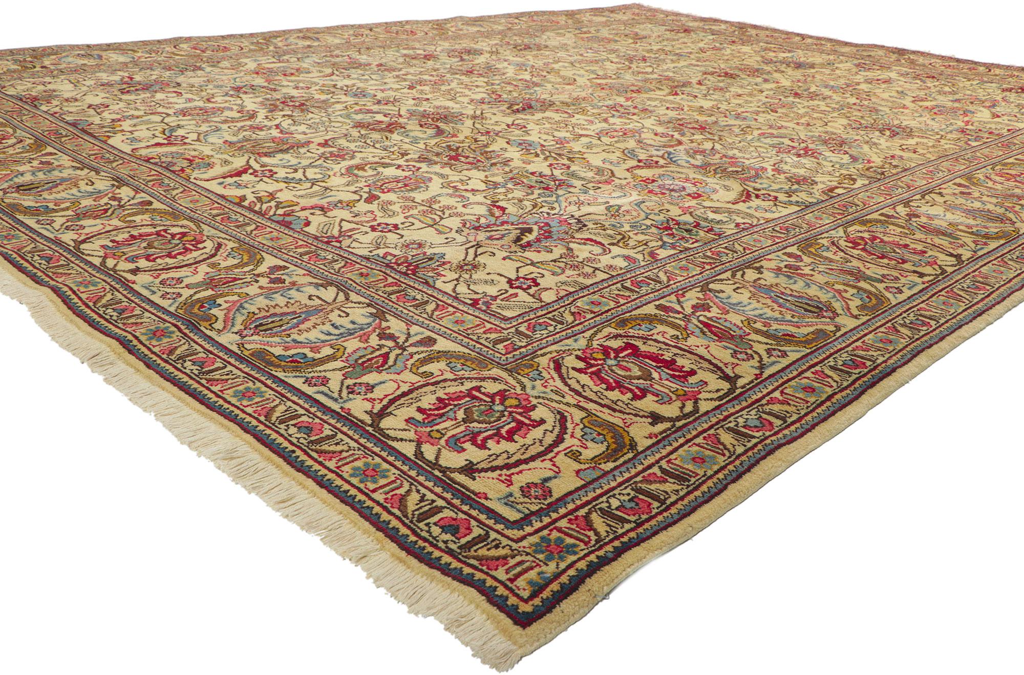 75888 Vintage Persian Tabriz Rug, 09'07 X 12'08. Emanating timeless design with incredible detail and texture, this hand knotted wool vintage Persian Tabriz rug is a captivating vision of woven beauty. The traditional style and sophisticated