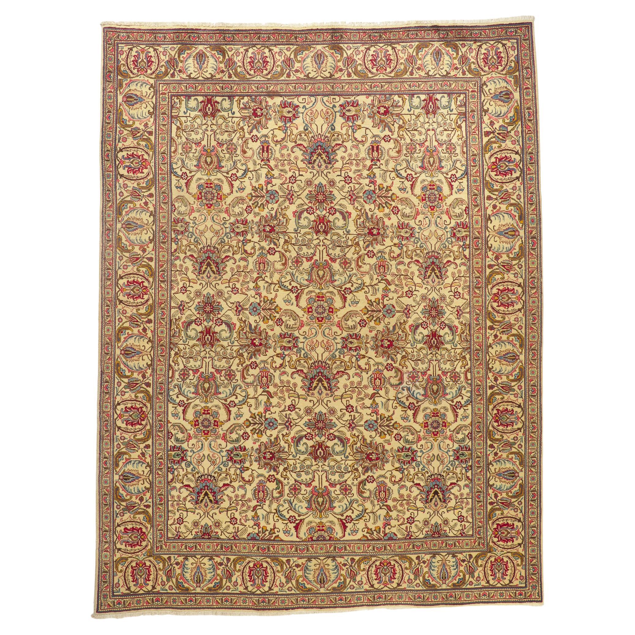 Tapis persan vintage de Tabriz aux couleurs pastel de la terre