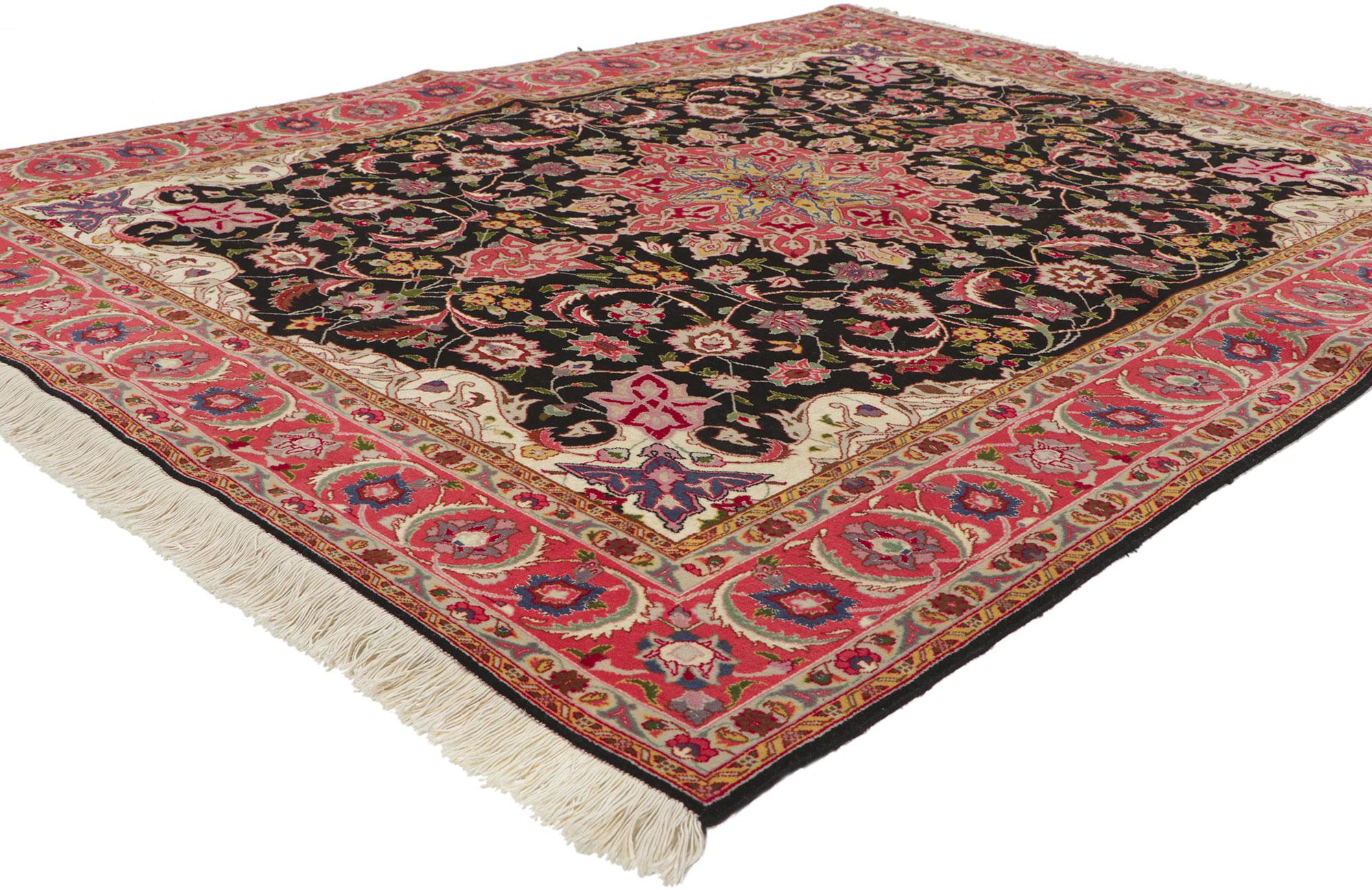 74837 Vintage Persian Tabriz Rug, 04'10 X 06'04.
Ornate details and effortless beauty with romantic connotations, this hand knotted wool vintage Persian Tabriz rug beautifully embodies both Art Nouveau and Rococo style. A round medallion anchored