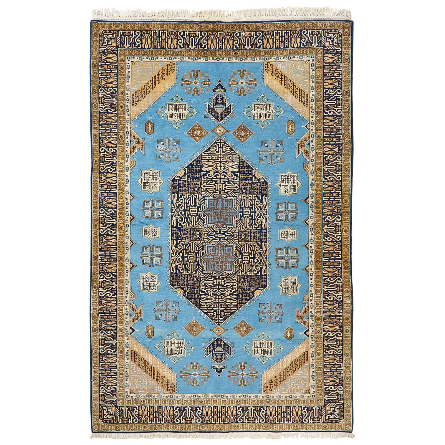 Vintage Persian Tabriz Rug with Sky Blue Field