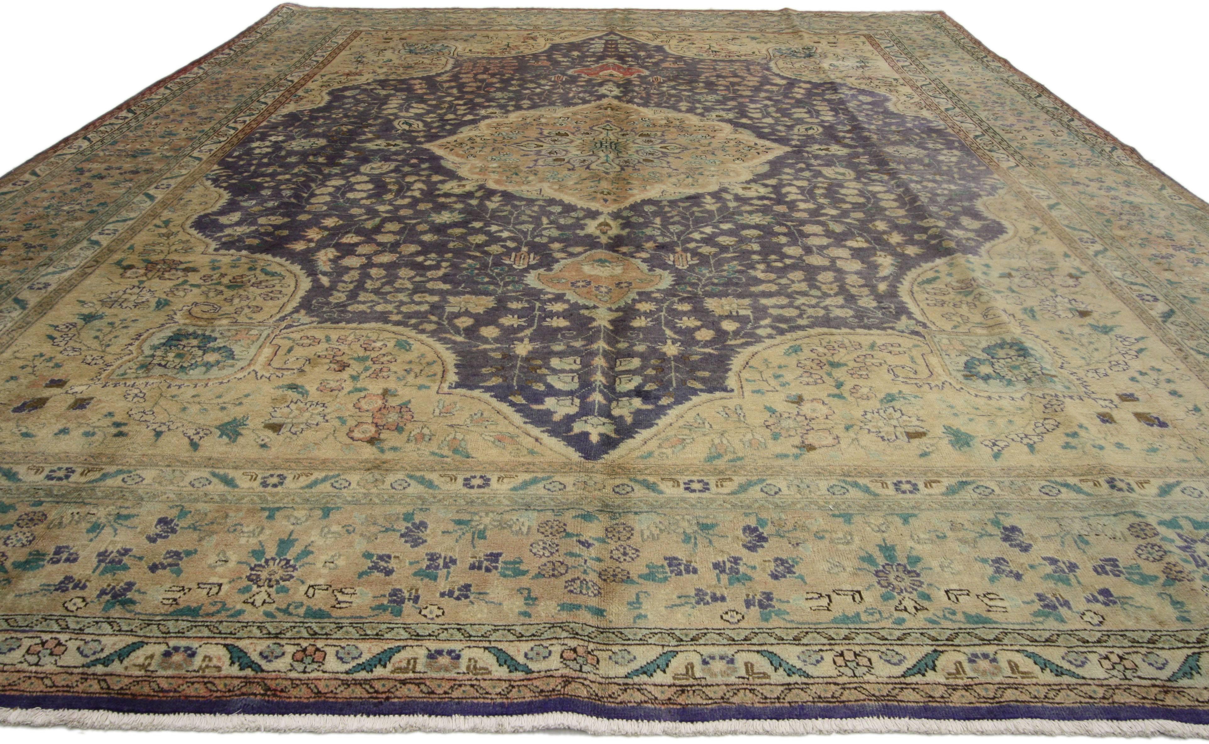 Hand-Knotted Vintage Persian Tabriz Rug with European Cottage Style For Sale