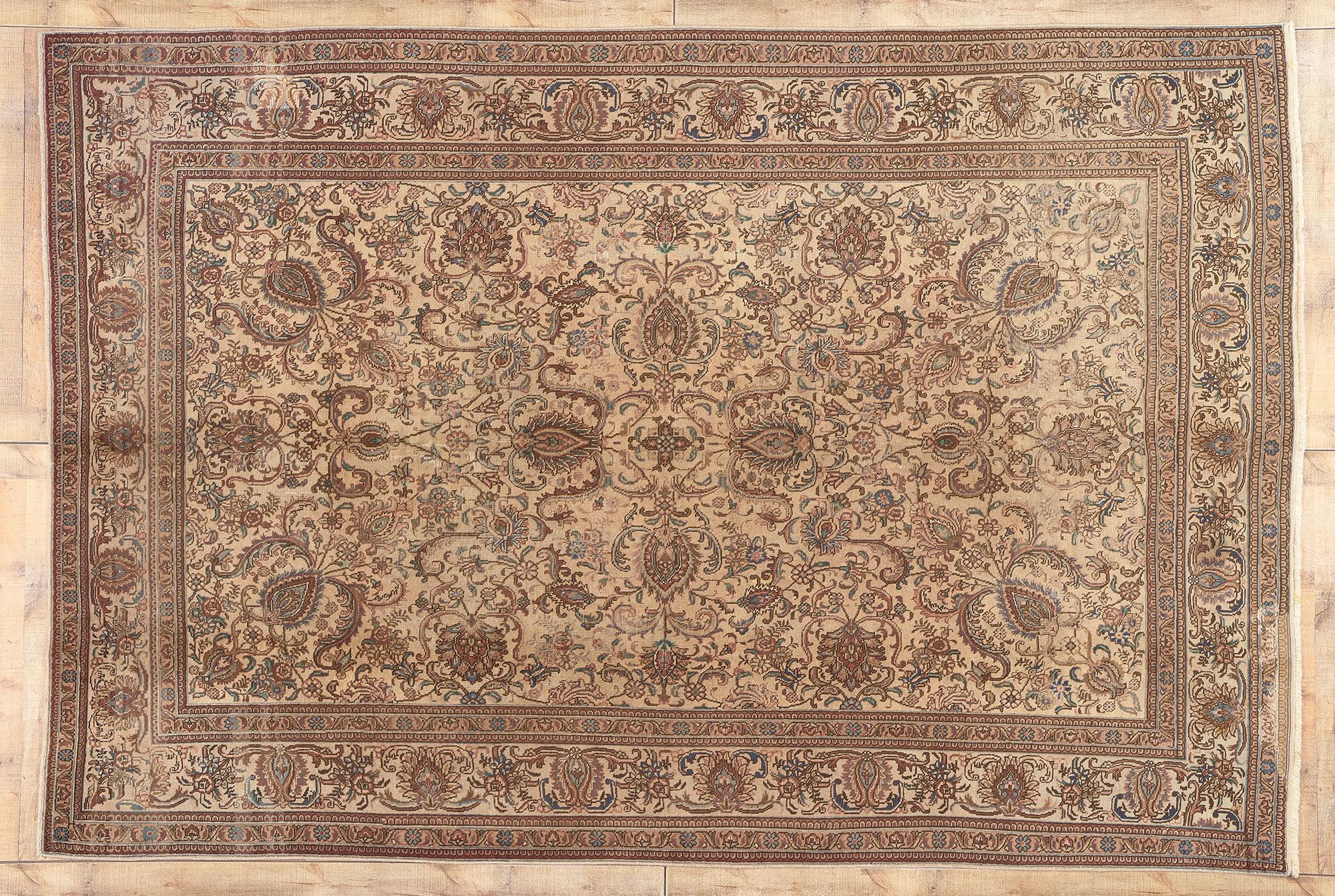 Vintage Persian Tabriz Rug, Colonial Revival Meets Belgian Chic For Sale 1