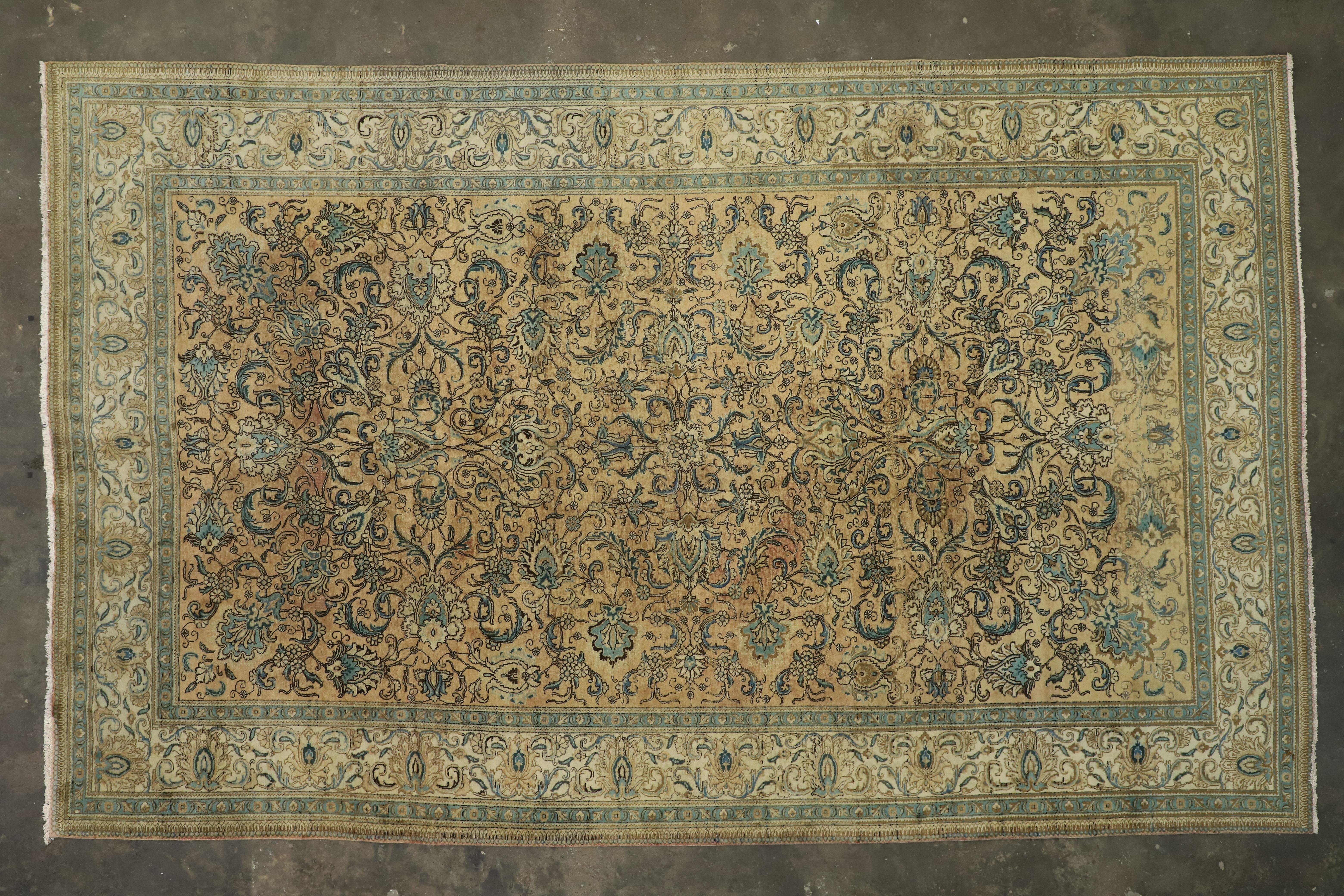 Wool Vintage Persian Tabriz Rug with Romantic Georgian Style