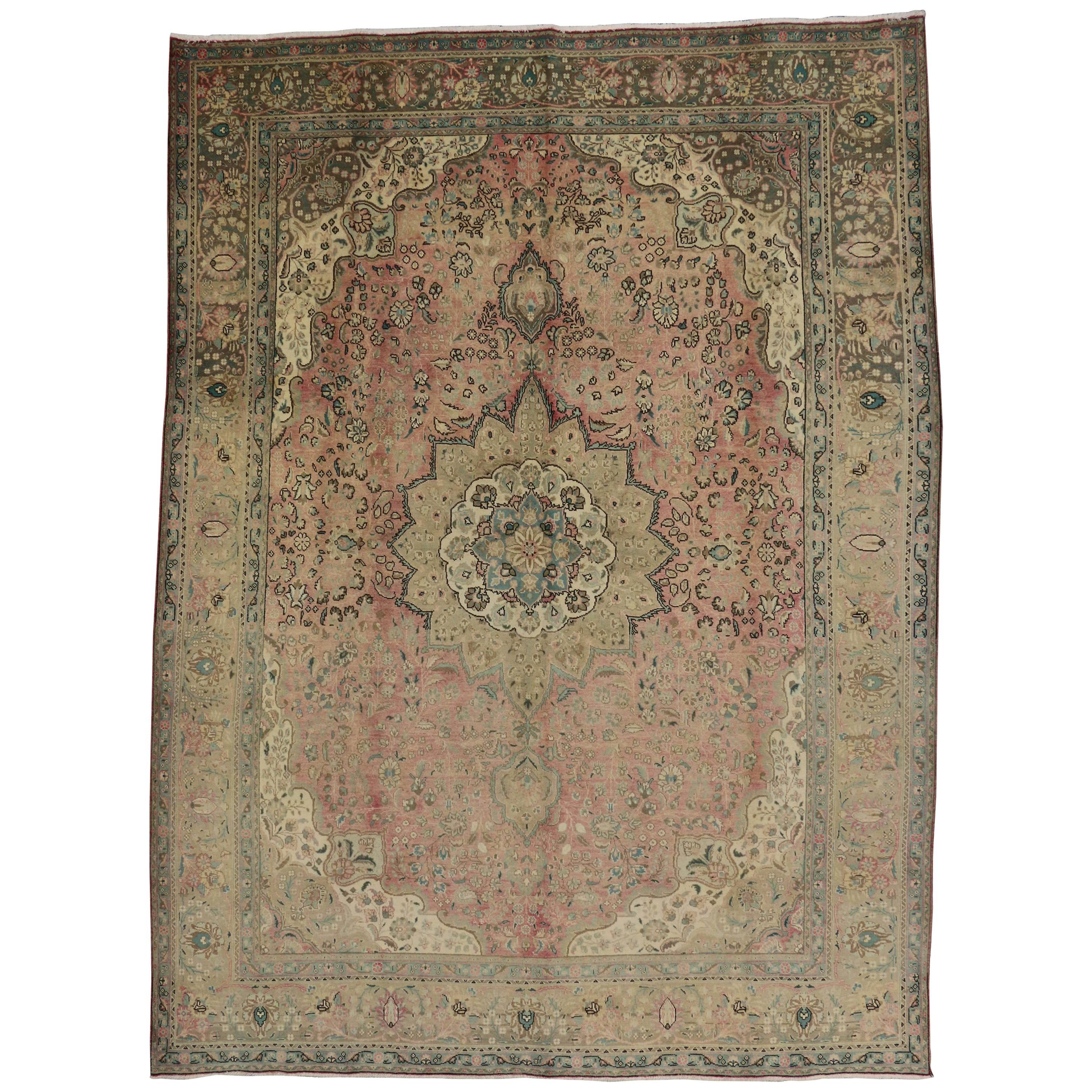 Alfombra Persa Tabriz Vintage de Estilo Tradicional