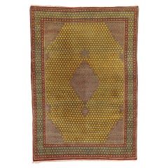 Tapis de Tabriz persan jaune et bleu vintage