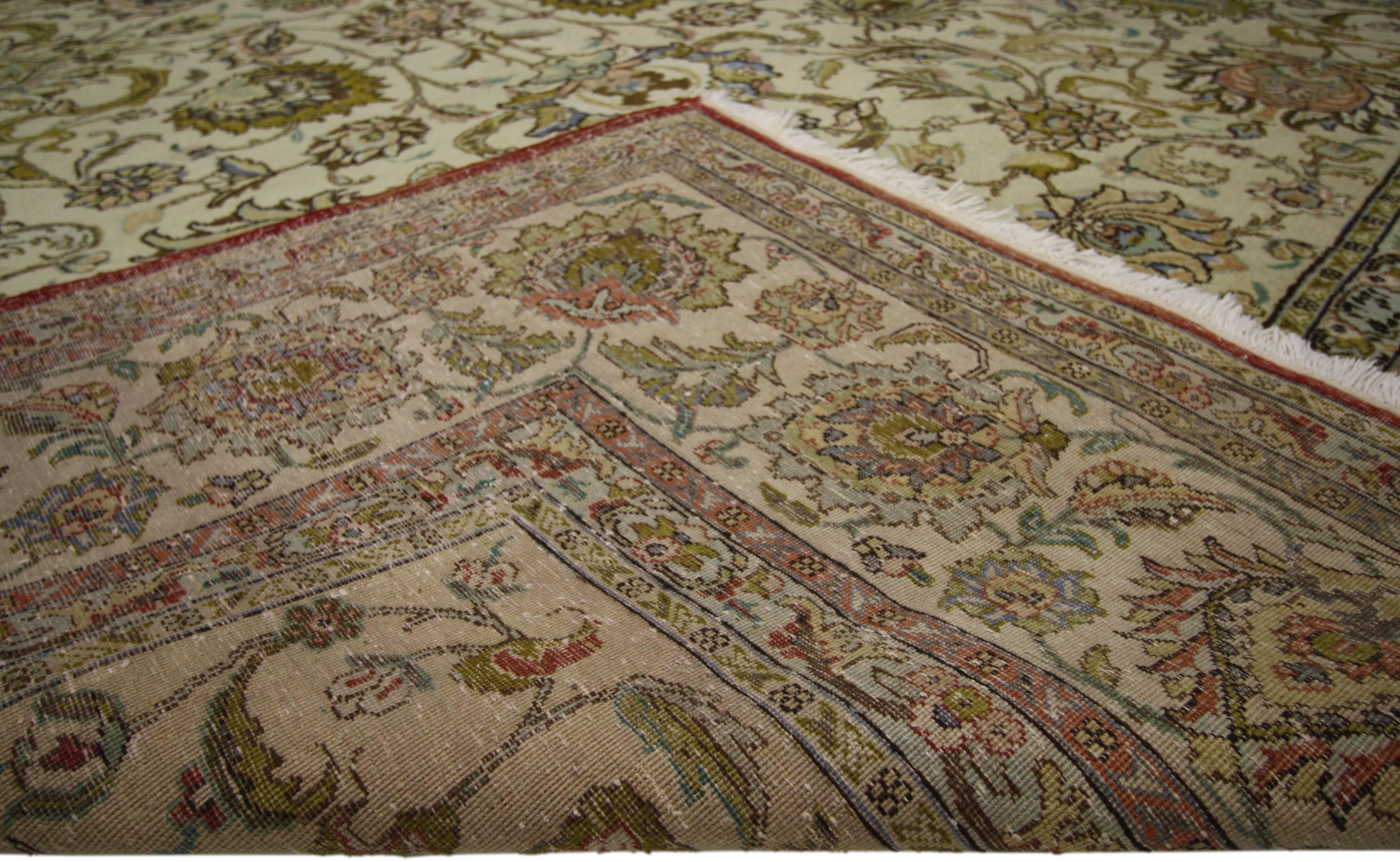 Hand-Knotted Vintage Persian Tabriz Area Rug with French Provincial Cottage Style For Sale