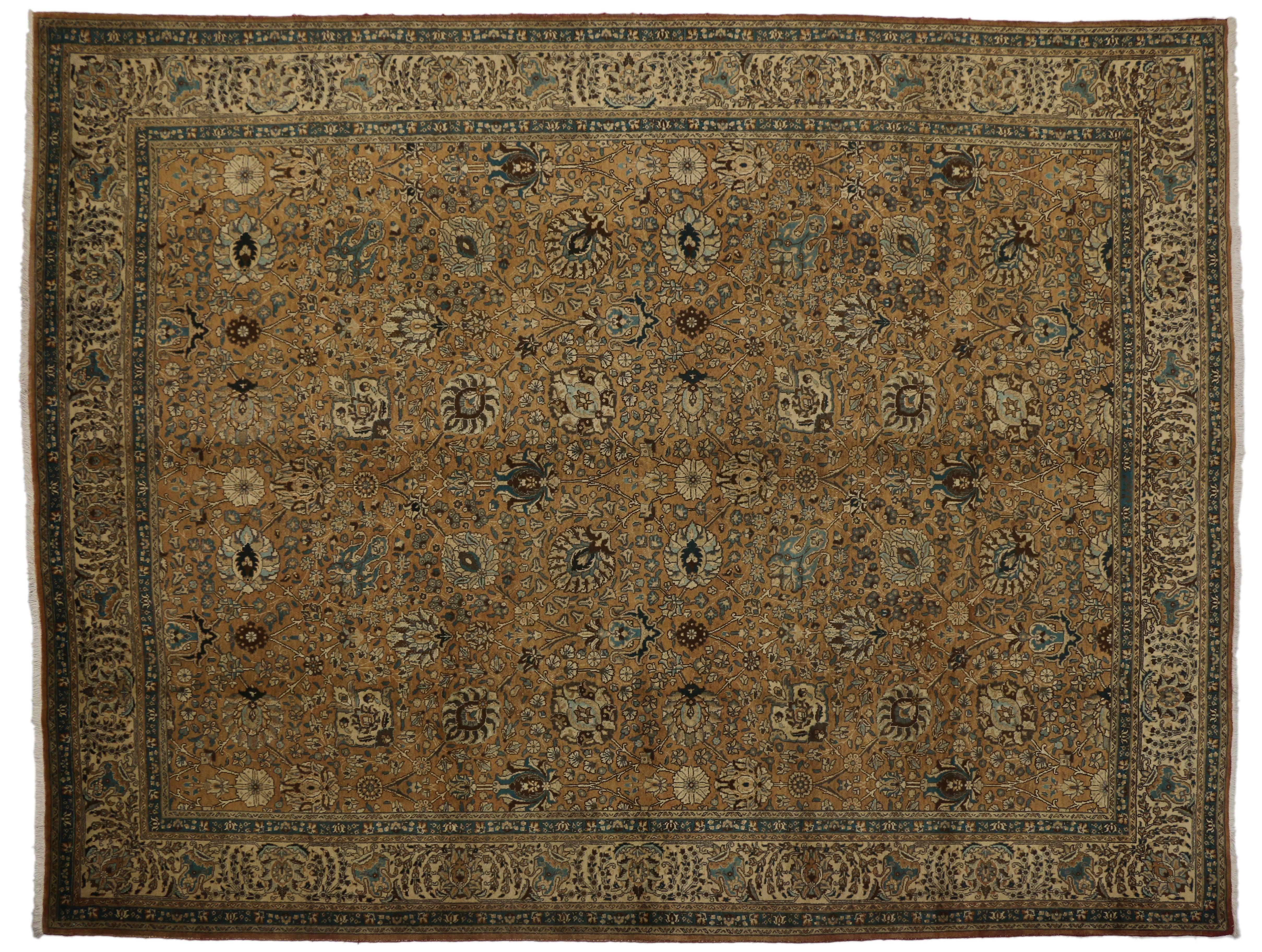 75603 Vintage Persian Tabriz Rug with Traditional Style in Light Colors. Embodying the highly decorative aesthetic, this vintage Persian Tabriz rug displays a traditional style in light colors. Featuring a tastefully casual presence and
