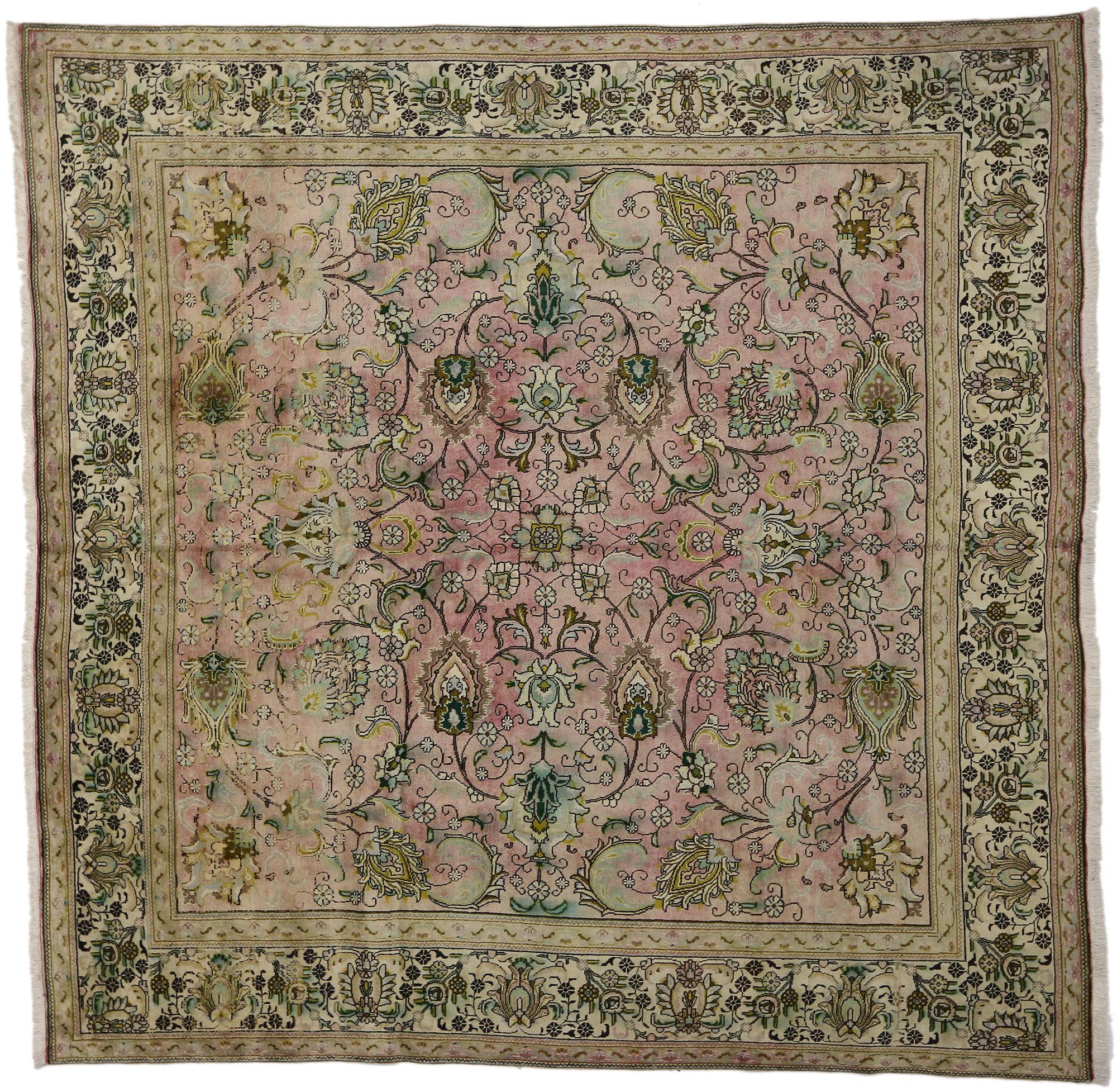 76530 Vintage Persian Tabriz Square Area Rug with French Provincial Georgian Style 11'00 x 11'01. With its soft, subtle hues and cozy simplicity, this hand knotted wool vintage Persian Tabriz square rug charms with ease and is poised to impress. The