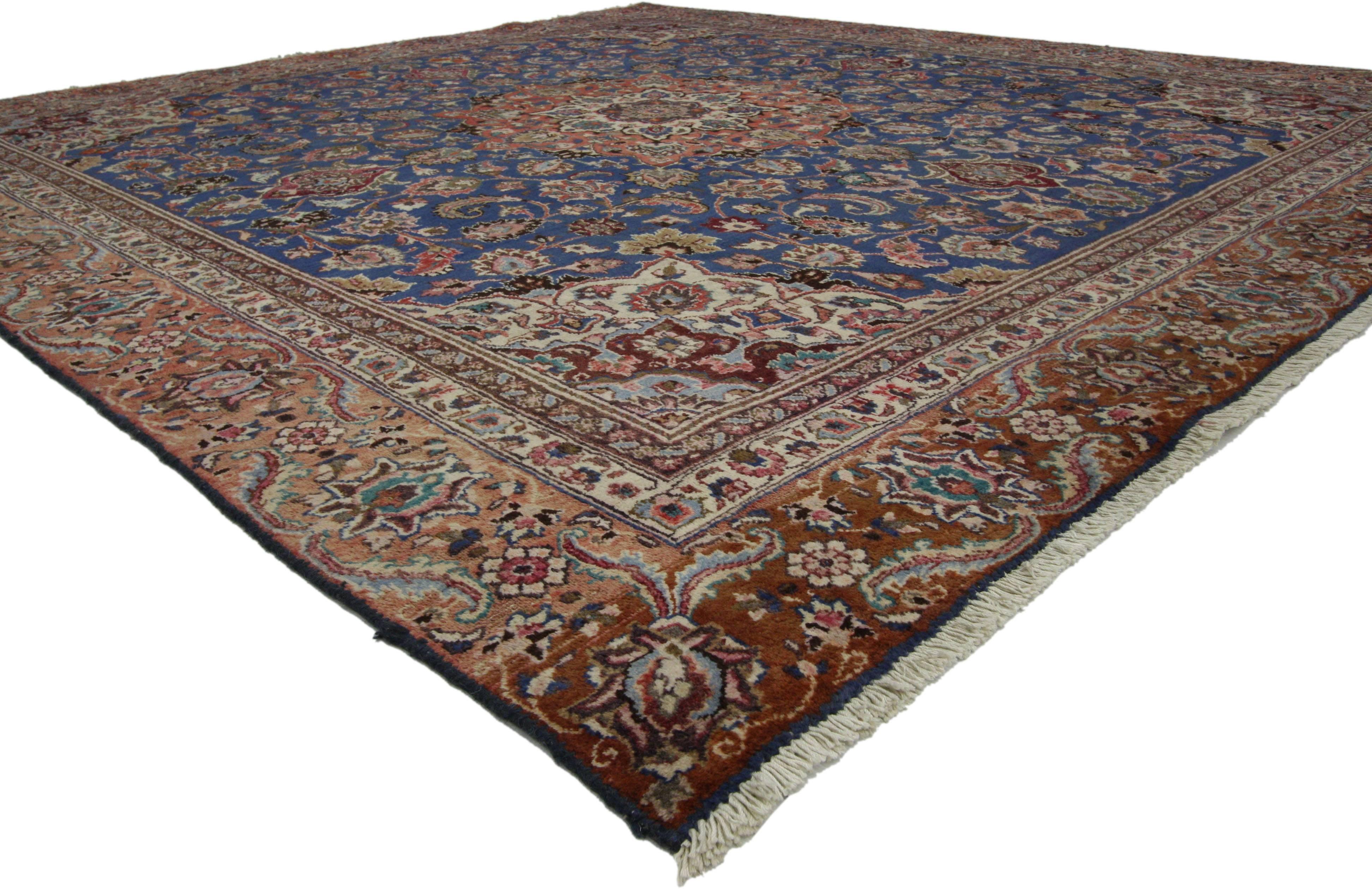 74359 Vintage Persian Tabriz Rug with Traditional Style, Square Tabriz Rug. This square vintage Persian Tabriz rug with traditional style features a centre medallion and ornate spandrels with gorgeous floral and vine scroll detail work surrounded by