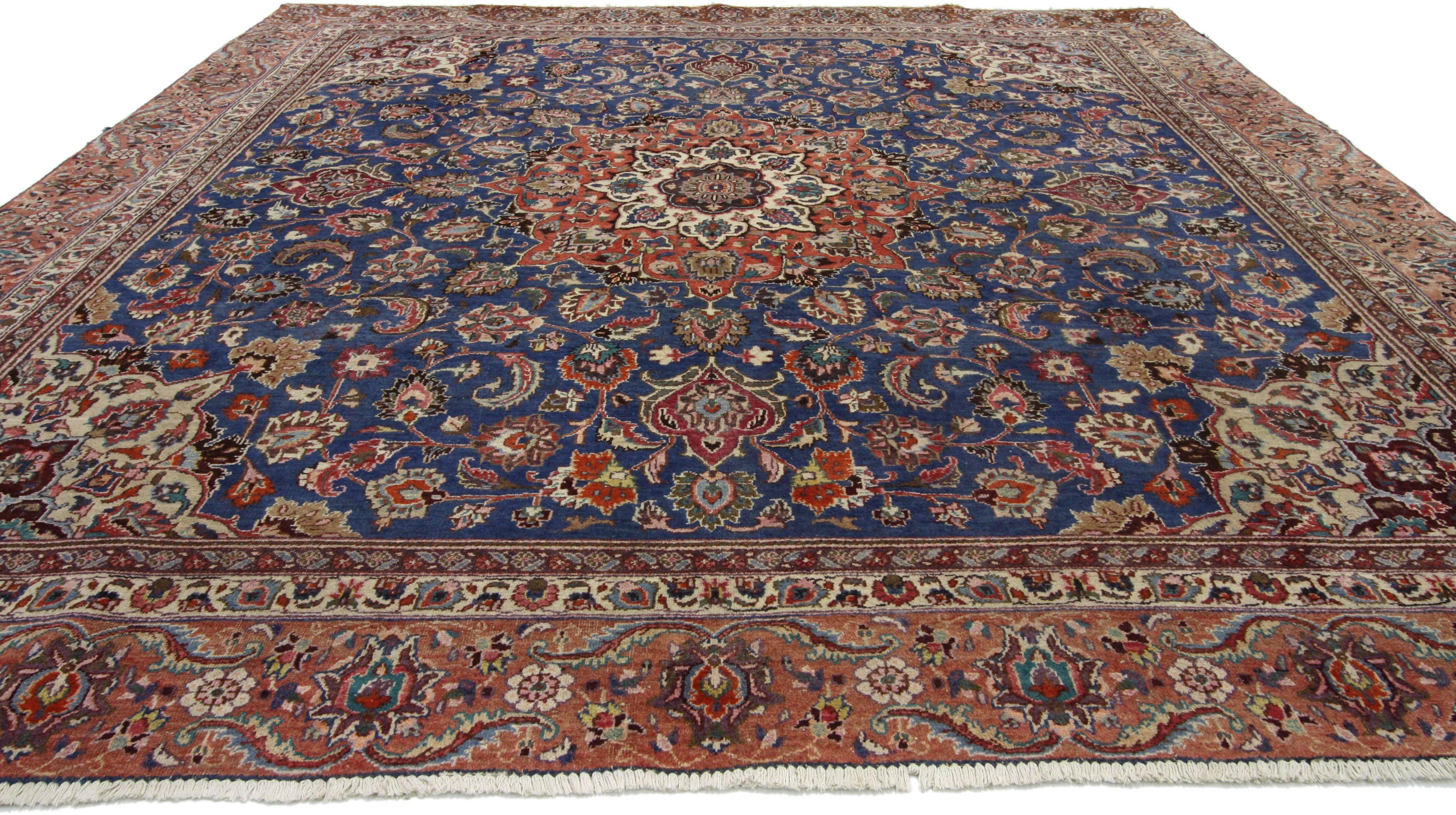 Hand-Knotted Vintage Persian Tabriz Rug with Traditional Style, Square Tabriz Rug